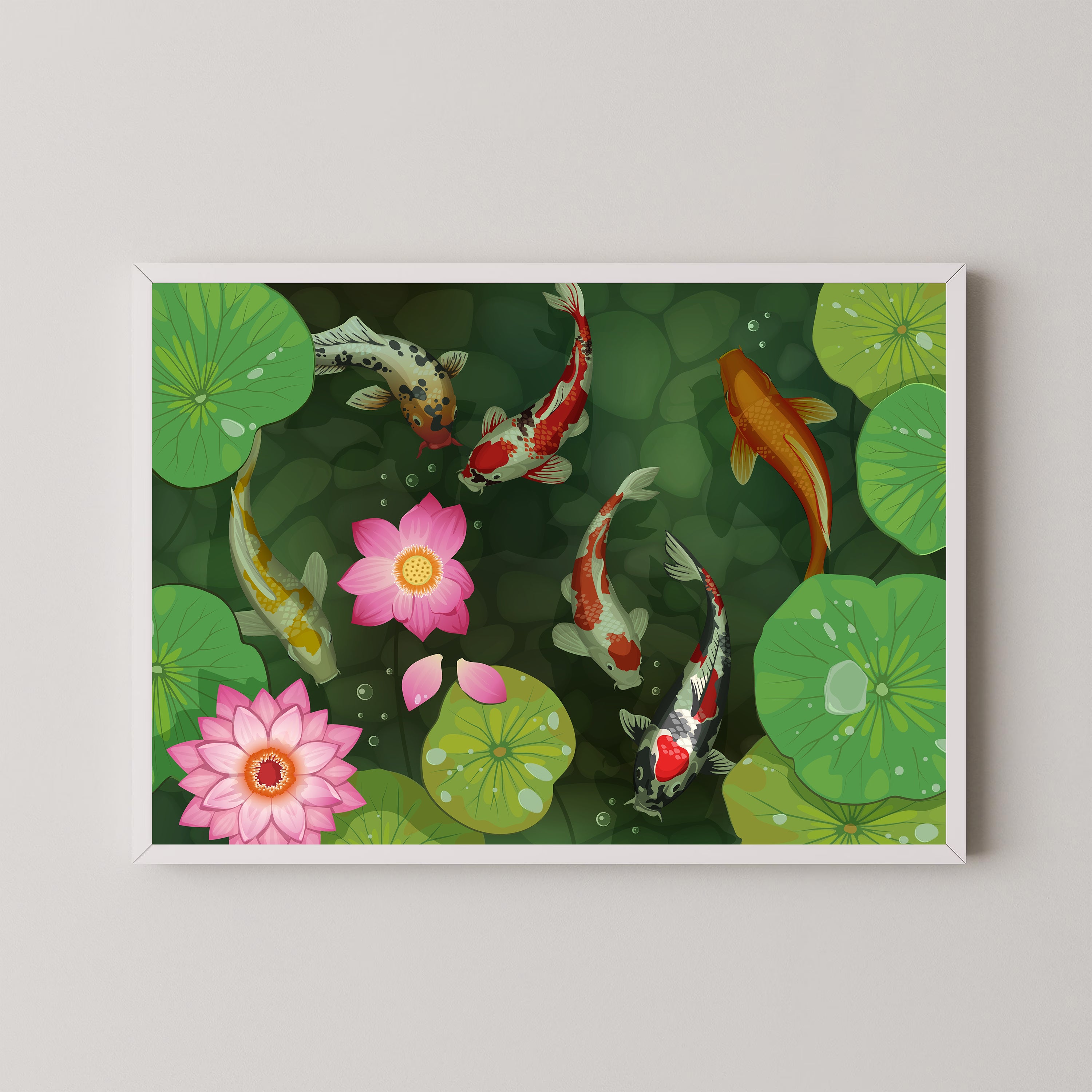 Koi Pond and Lotus Flowers Painting by Krutik – Tranquil Zen Wall Art