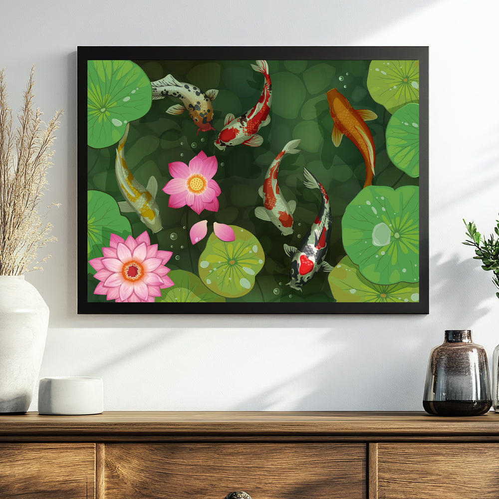Koi Pond and Lotus Flowers Painting by Krutik – Tranquil Zen Wall Art