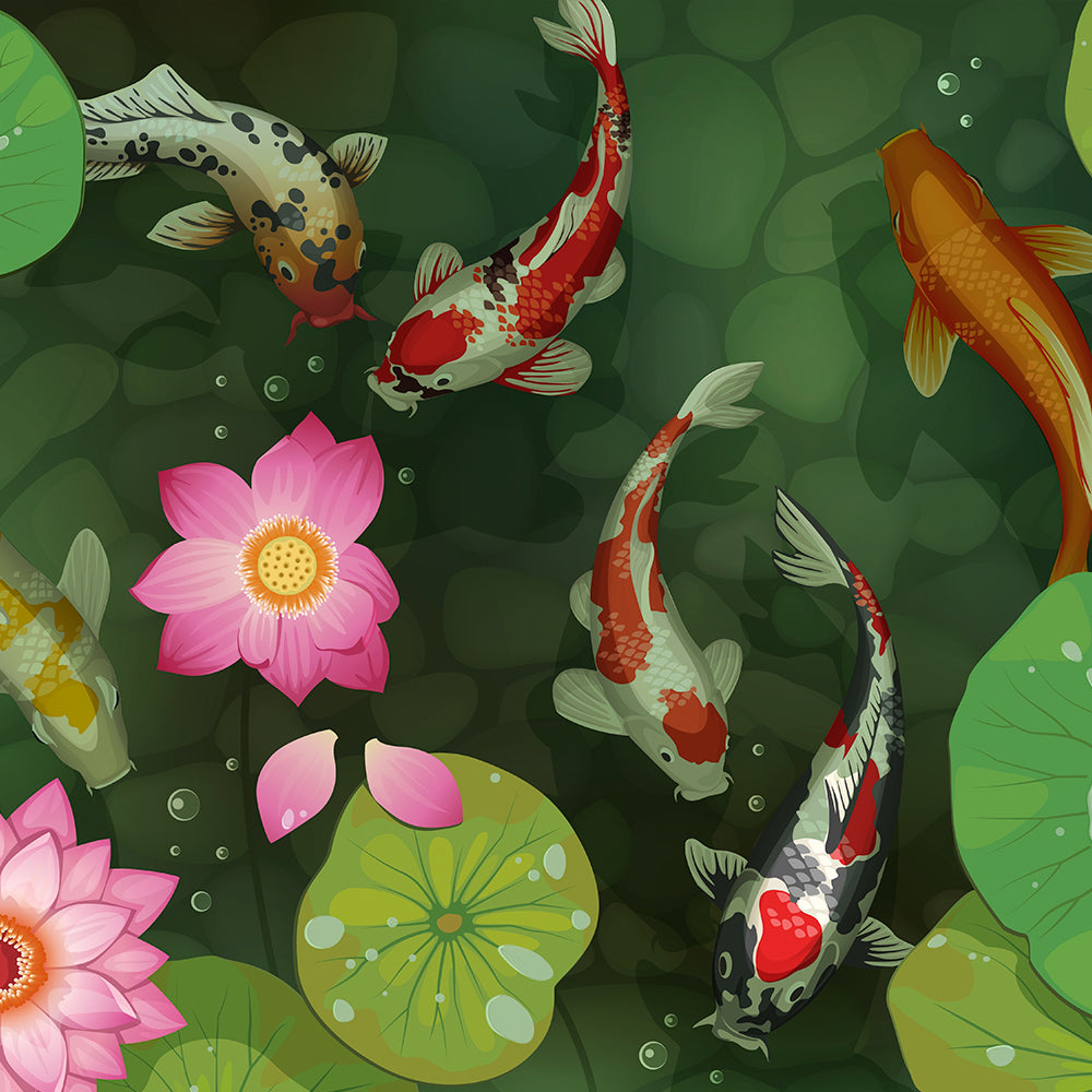 Koi Pond and Lotus Flowers Painting by Krutik – Tranquil Zen Wall Art