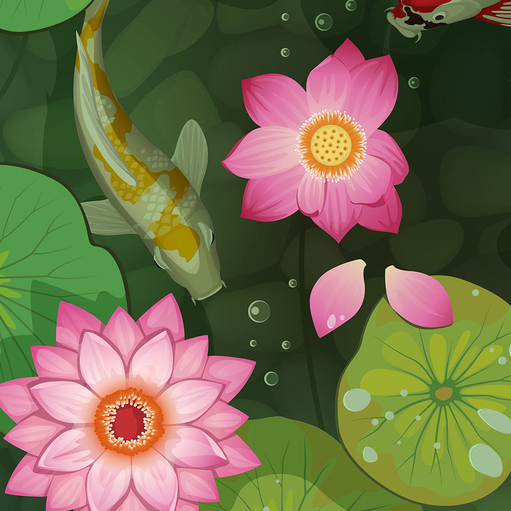 Koi Pond and Lotus Flowers Painting by Krutik – Tranquil Zen Wall Art