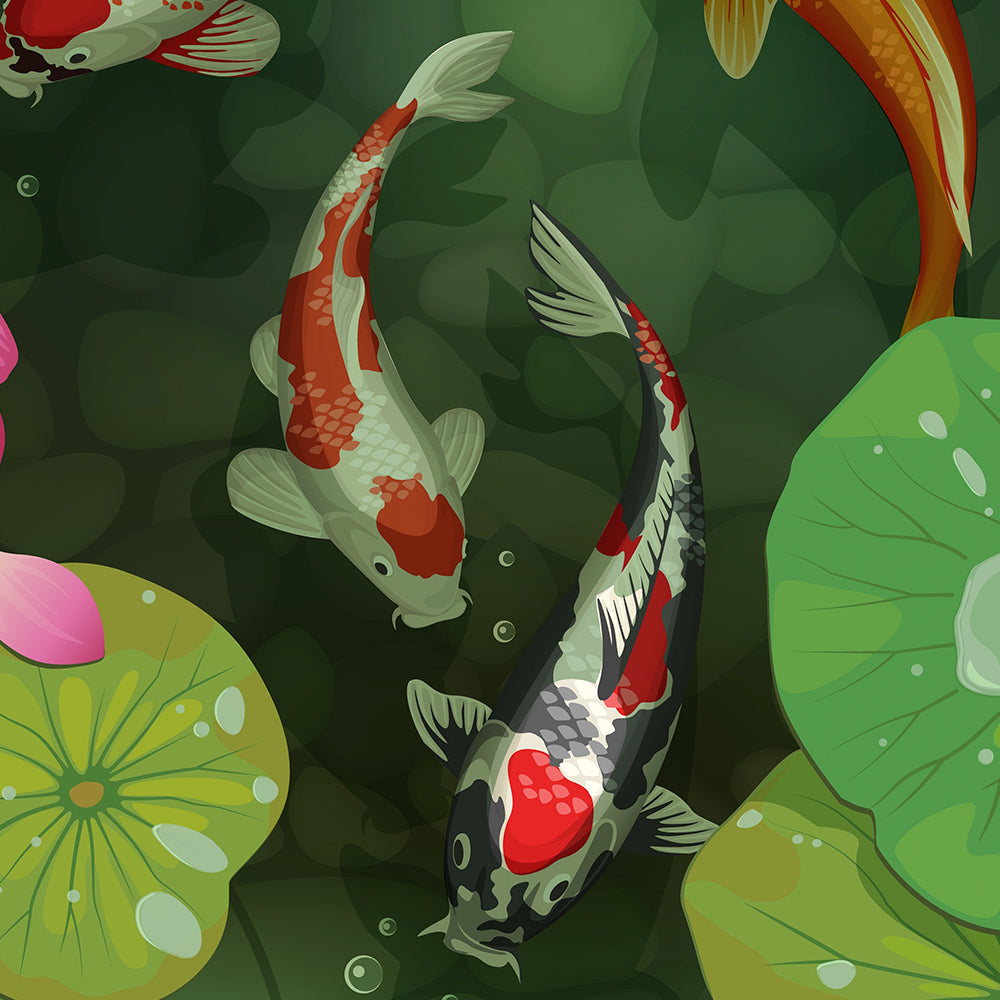 Koi Pond and Lotus Flowers Painting by Krutik – Tranquil Zen Wall Art