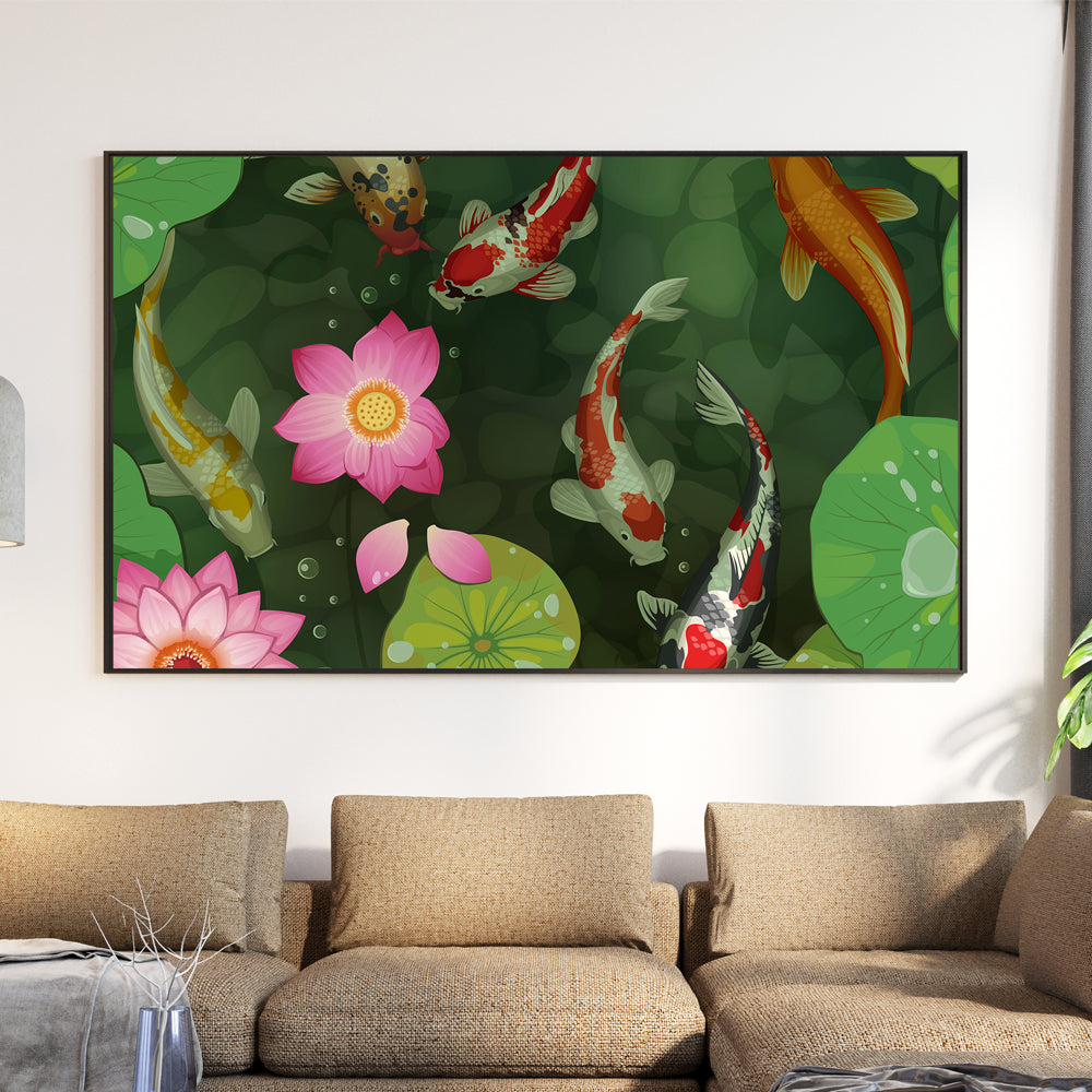Koi Pond and Lotus Flowers Painting by Krutik – Tranquil Zen Wall Art
