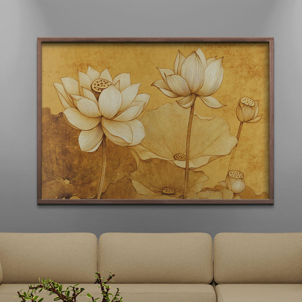 Blooming White Lotus Flowers Painting by Krutik – Elegant Botanical Wall Art