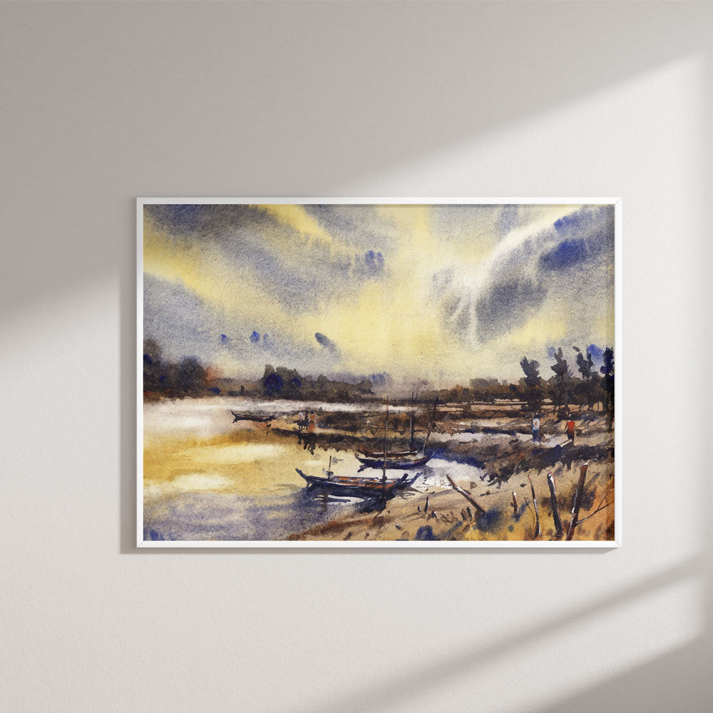Misty River Landscape Painting by Krutik – Atmospheric Village Wall Art