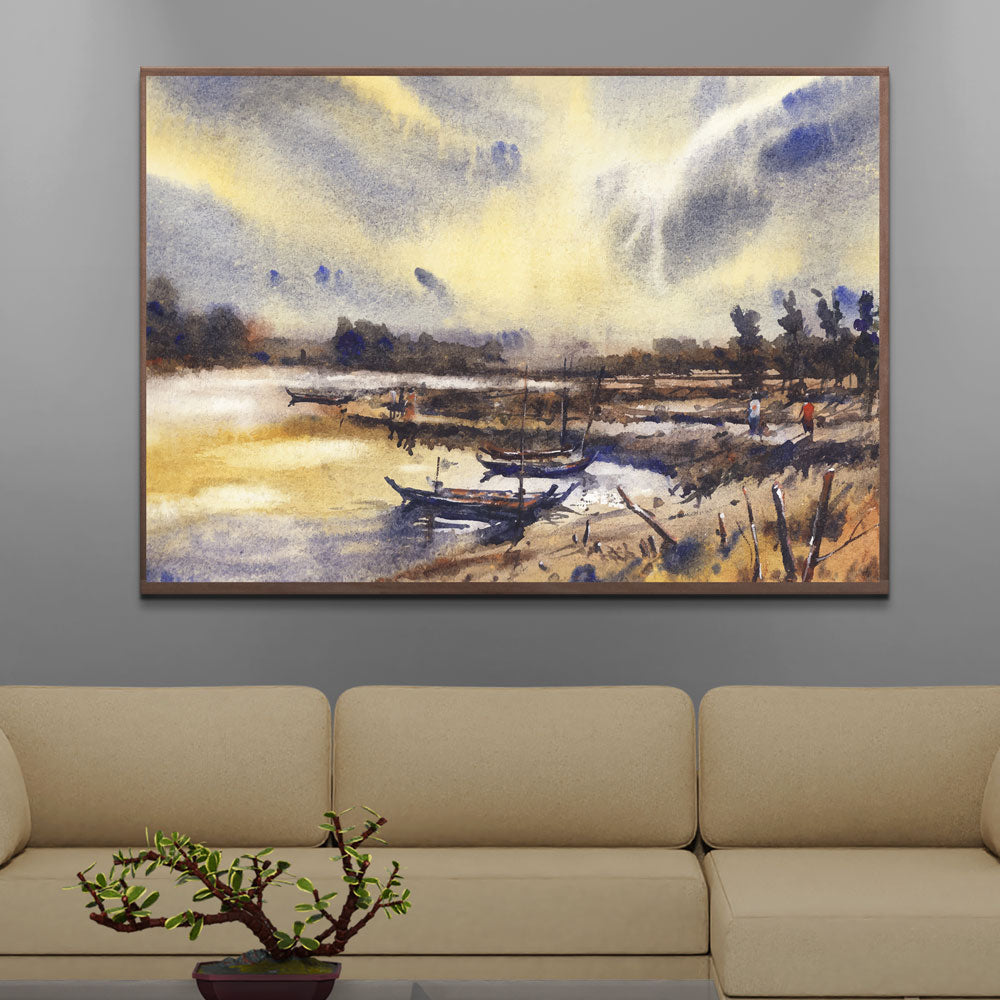 Misty River Landscape Painting by Krutik – Atmospheric Village Wall Art
