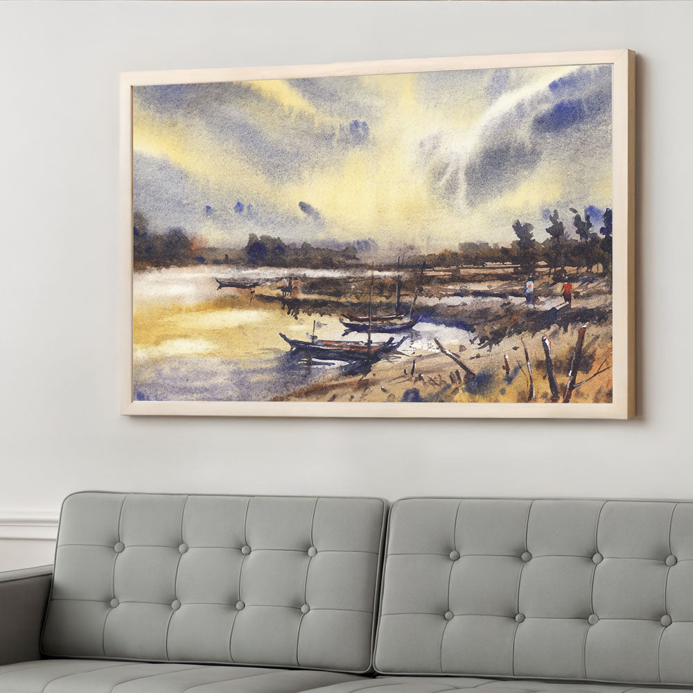 Misty River Landscape Painting by Krutik – Atmospheric Village Wall Art