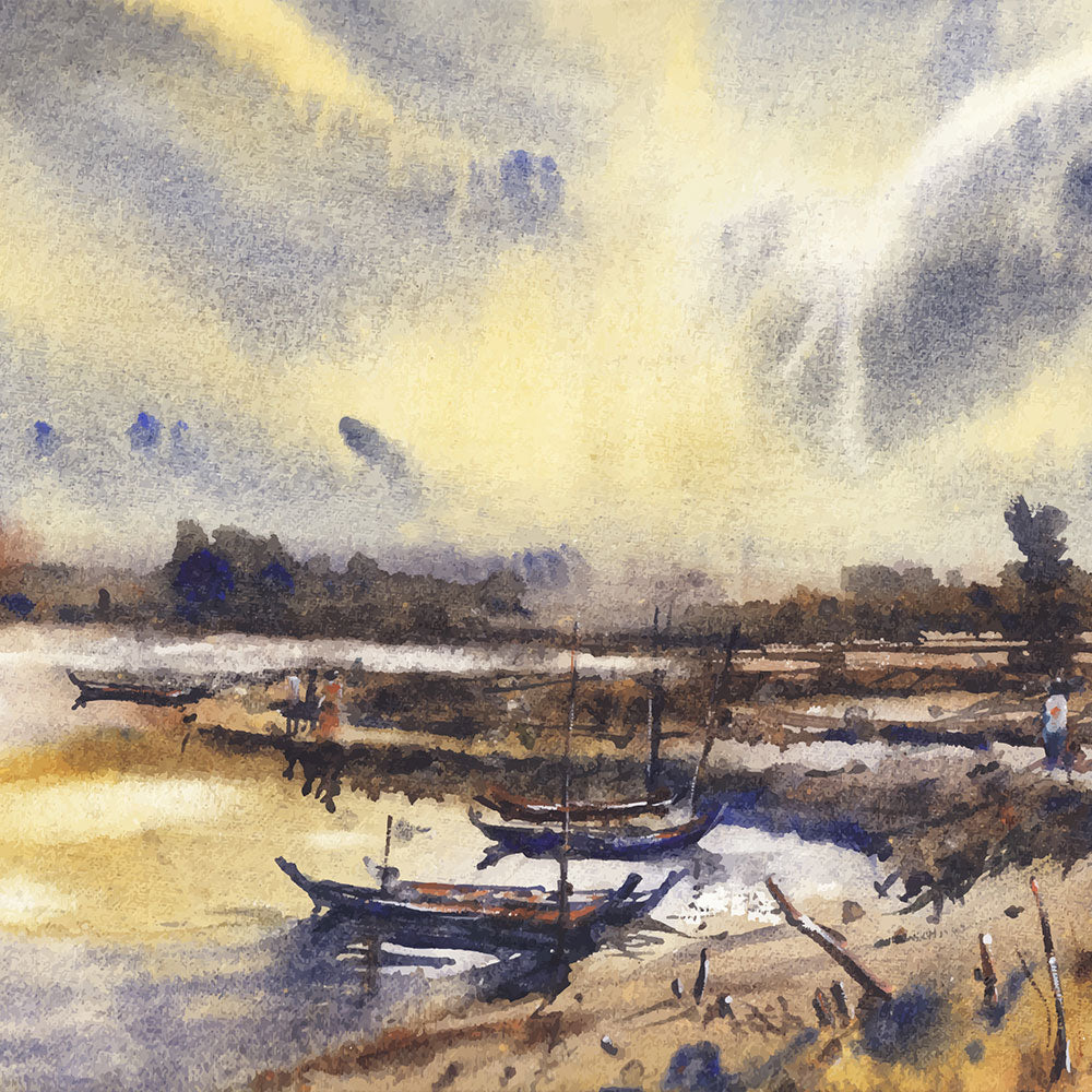 Misty River Landscape Painting by Krutik – Atmospheric Village Wall Art
