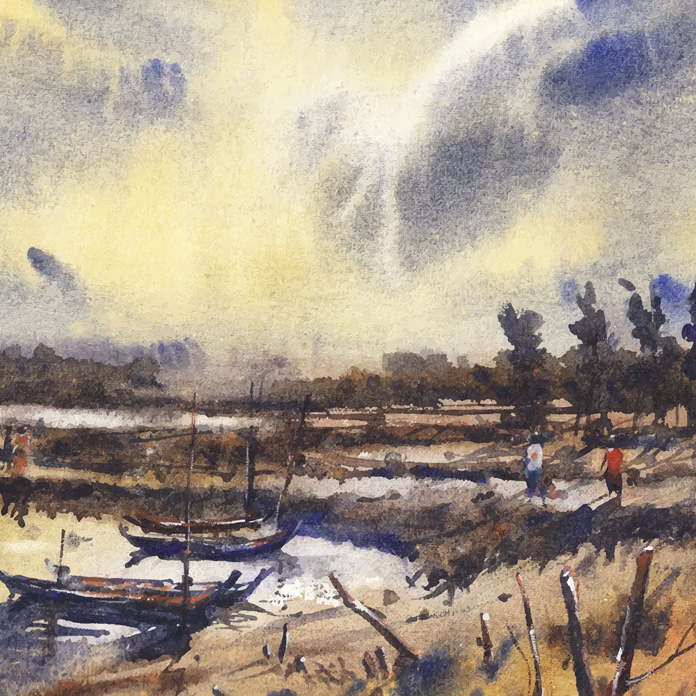 Misty River Landscape Painting by Krutik – Atmospheric Village Wall Art