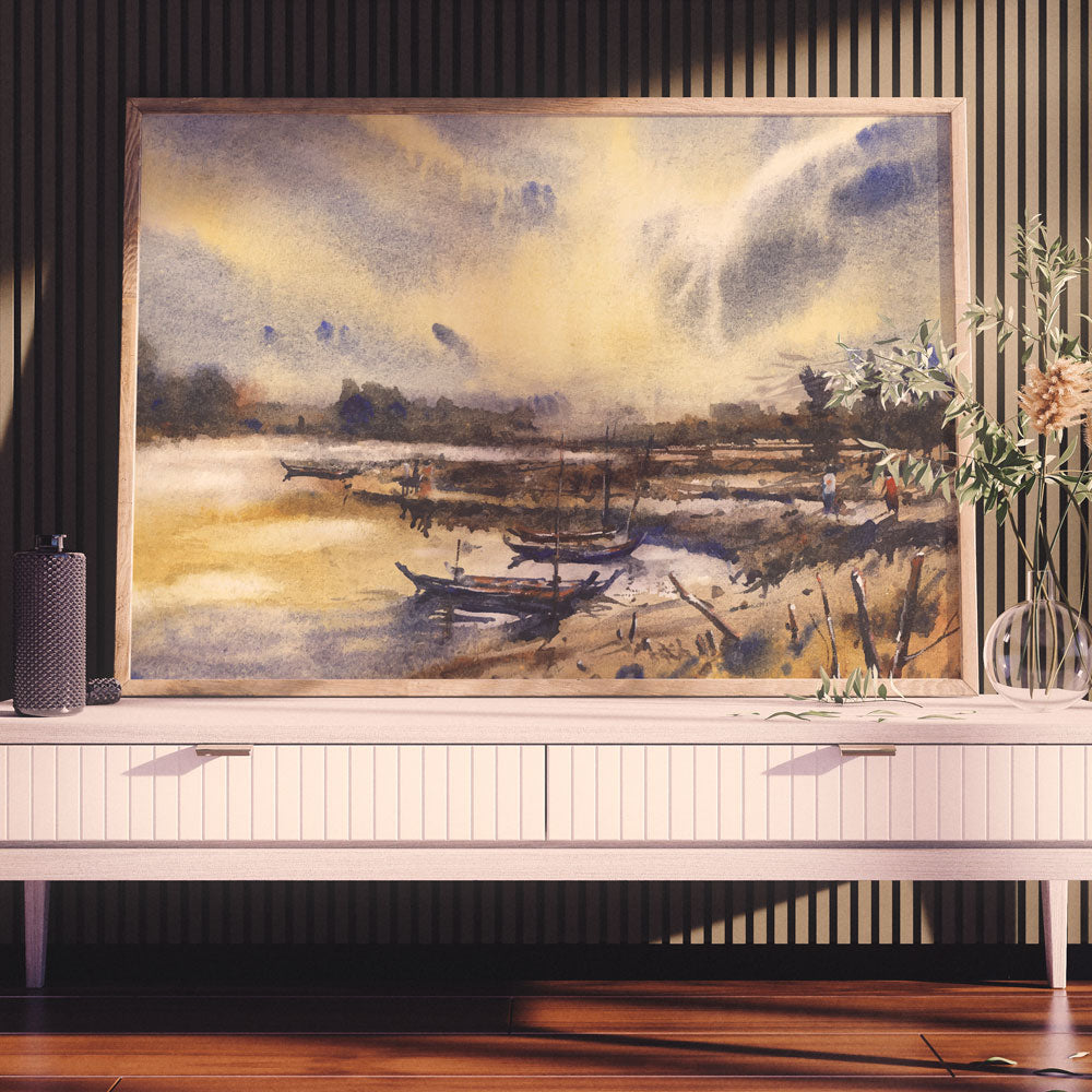 Misty River Landscape Painting by Krutik – Atmospheric Village Wall Art