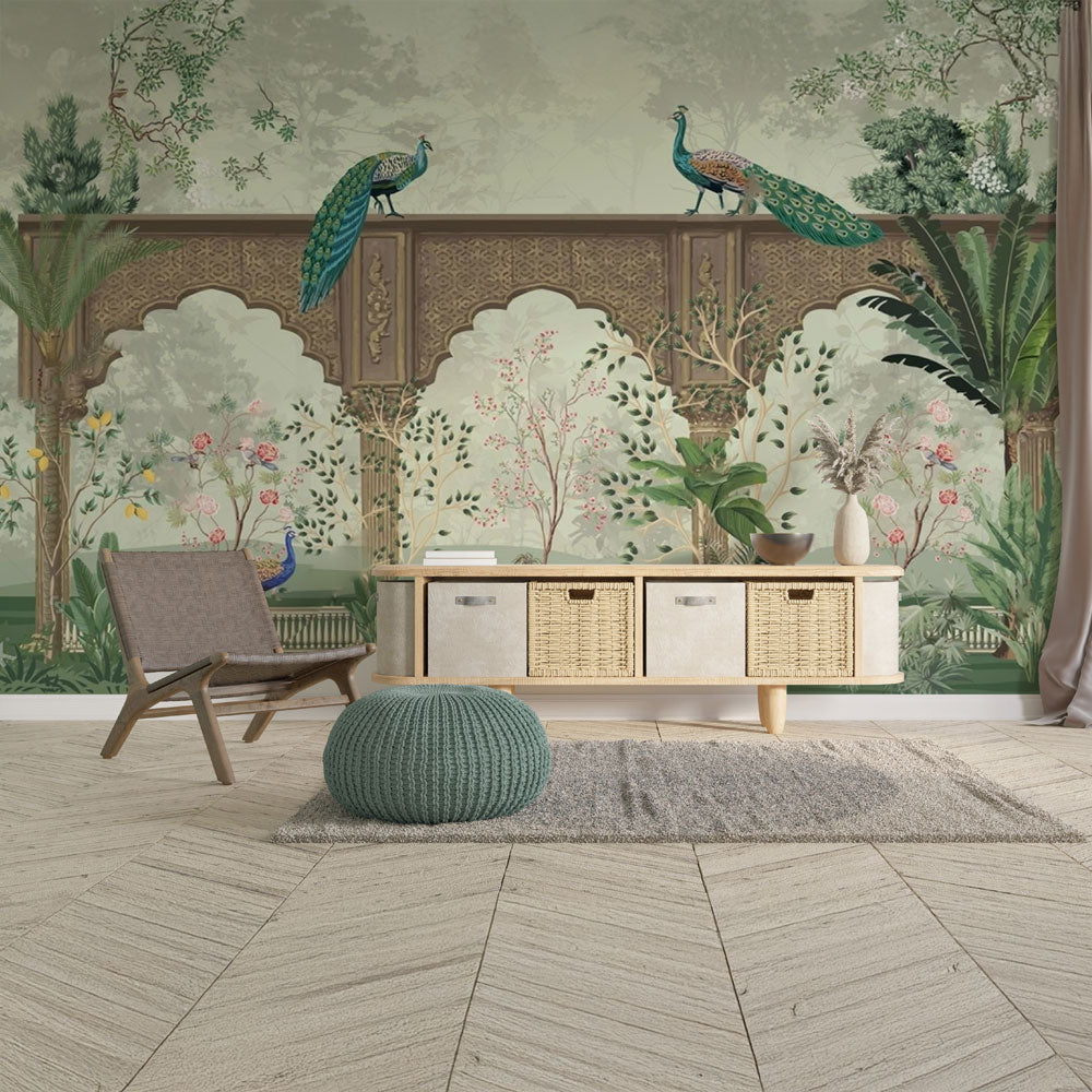 Mughal Garden Peacock Wallpaper | Royal Elegance Redefined.