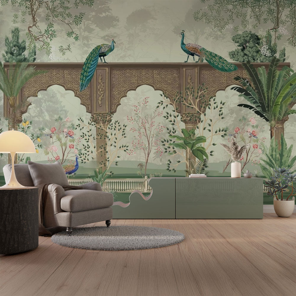 Mughal Garden Peacock Wallpaper | Royal Elegance Redefined.
