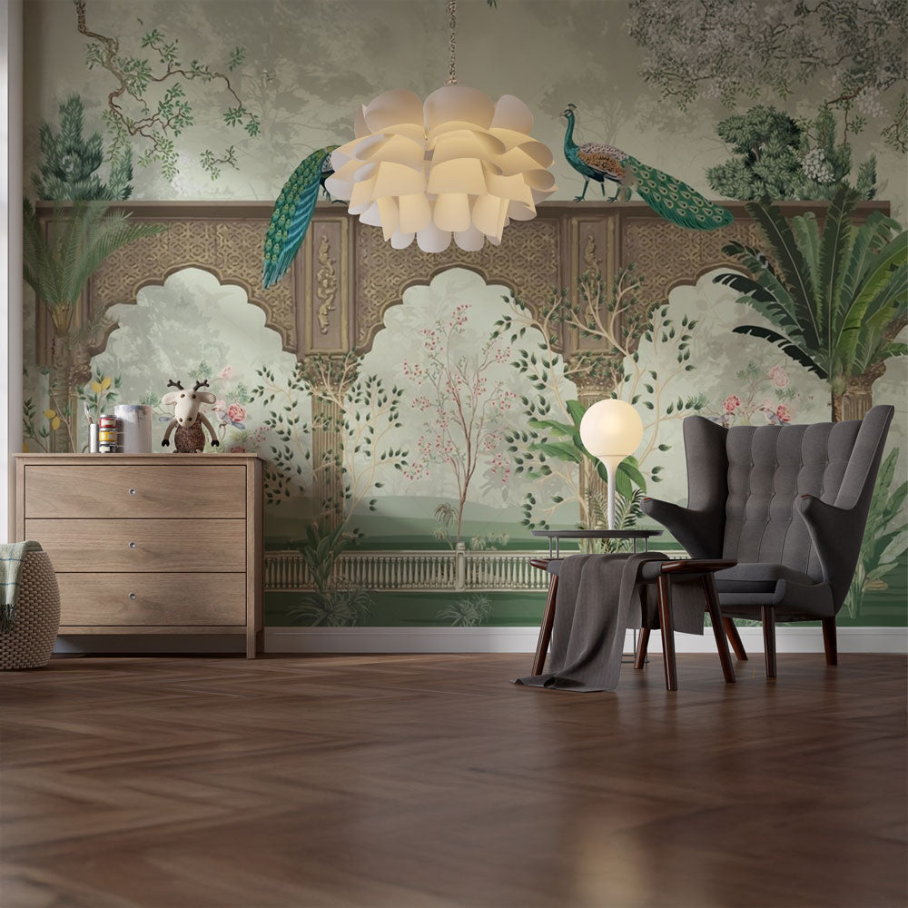 Mughal Garden Peacock Wallpaper | Royal Elegance Redefined.
