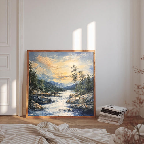 Mountain River Canvas Painting – Majestic Nature Wall Painting for Home.