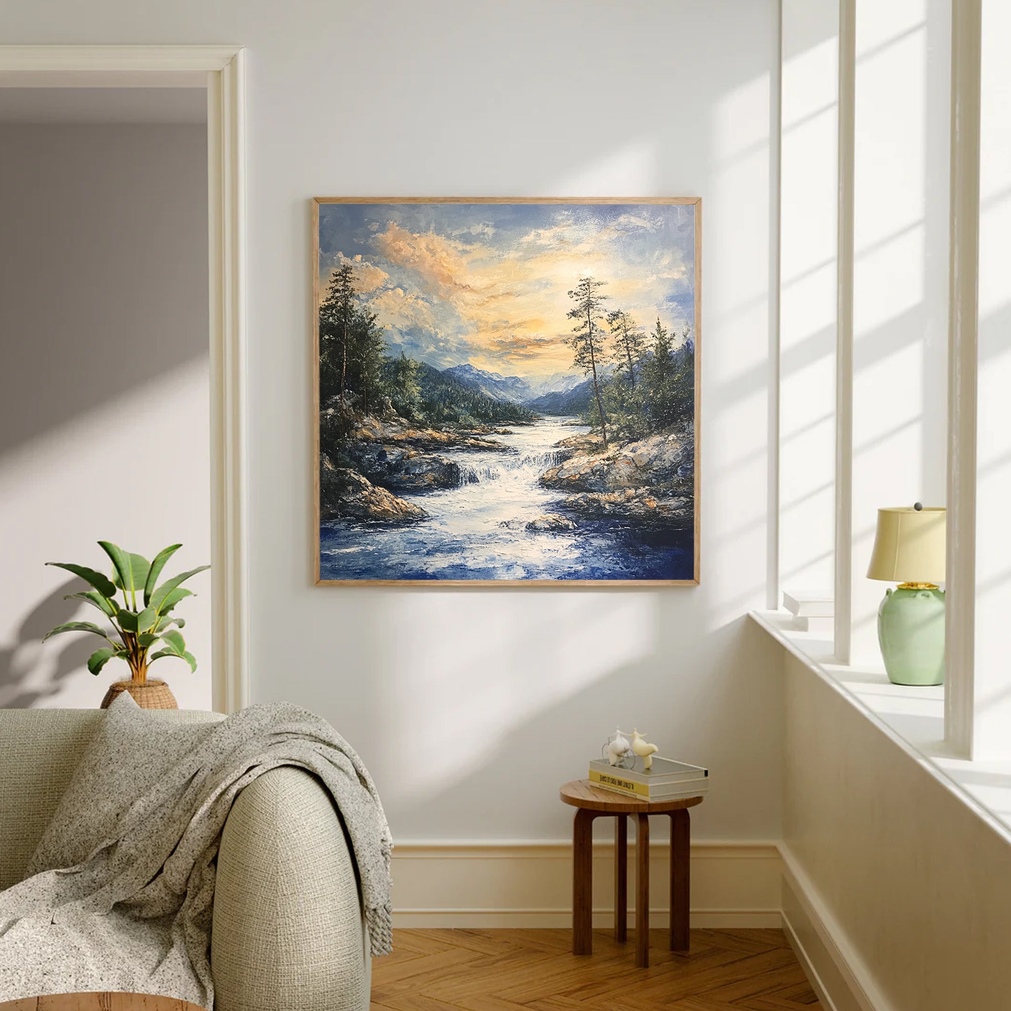 Mountain River Canvas Painting – Majestic Nature Wall Painting for Home.