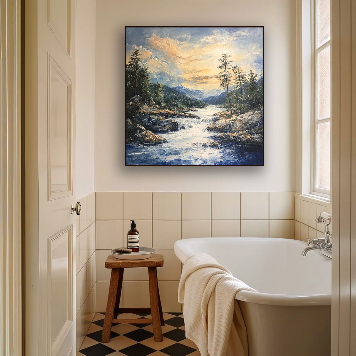 Mountain River Canvas Painting – Majestic Nature Wall Painting for Home.