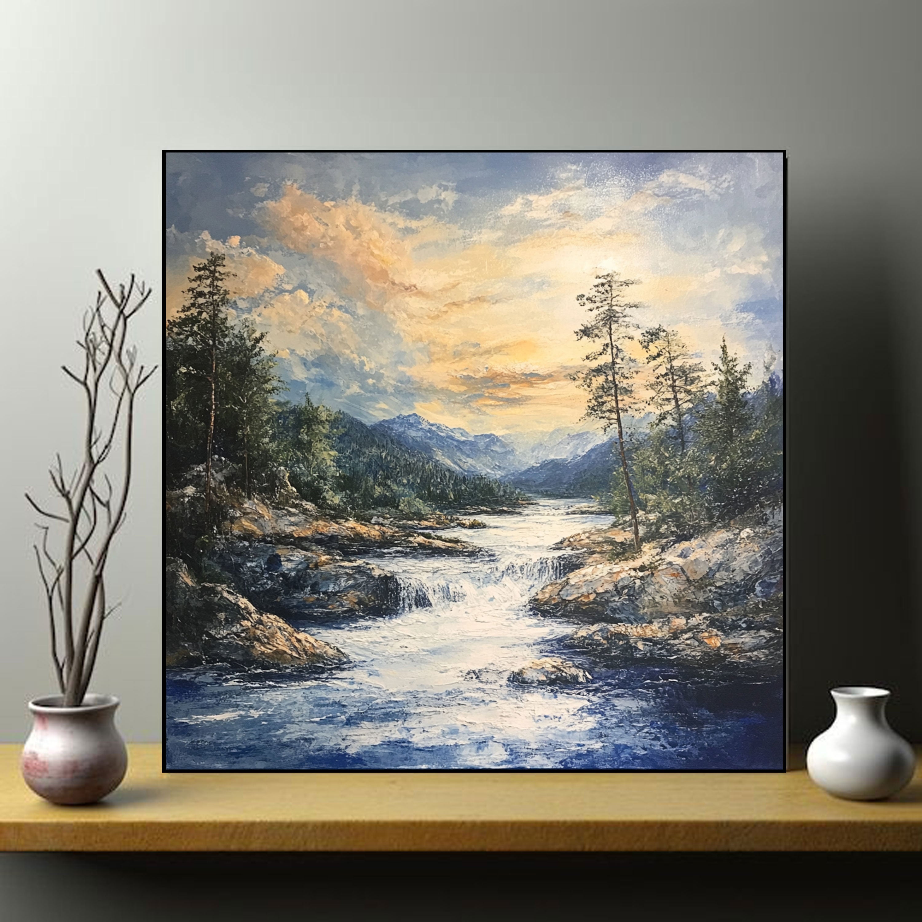 Mountain River Canvas Painting – Majestic Nature Wall Painting for Home.
