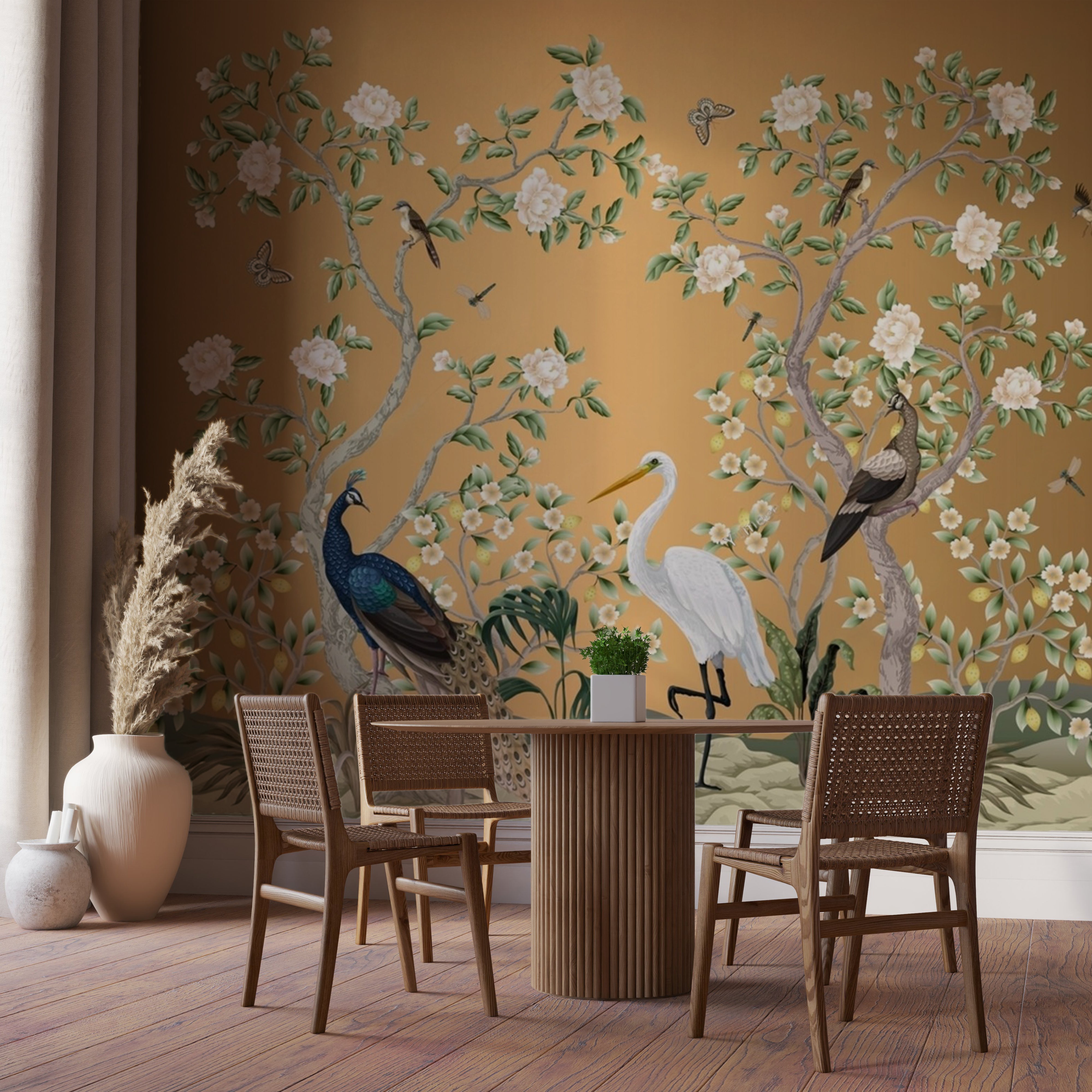 Peacock & Heron Floral Garden Wallpaper – Luxury Nature Mural for Elegant Walls