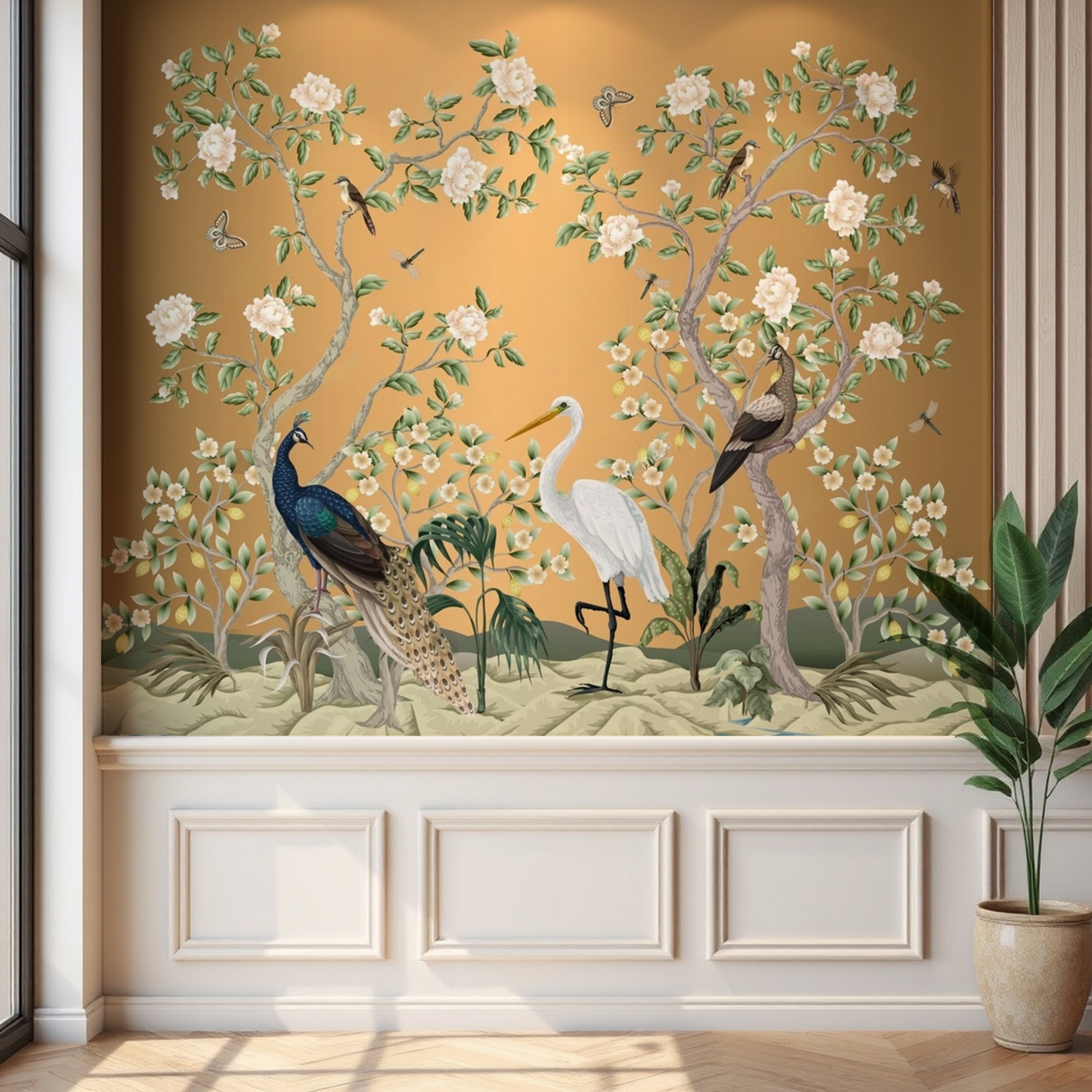 Peacock & Heron Floral Garden Wallpaper – Luxury Nature Mural for Elegant Walls