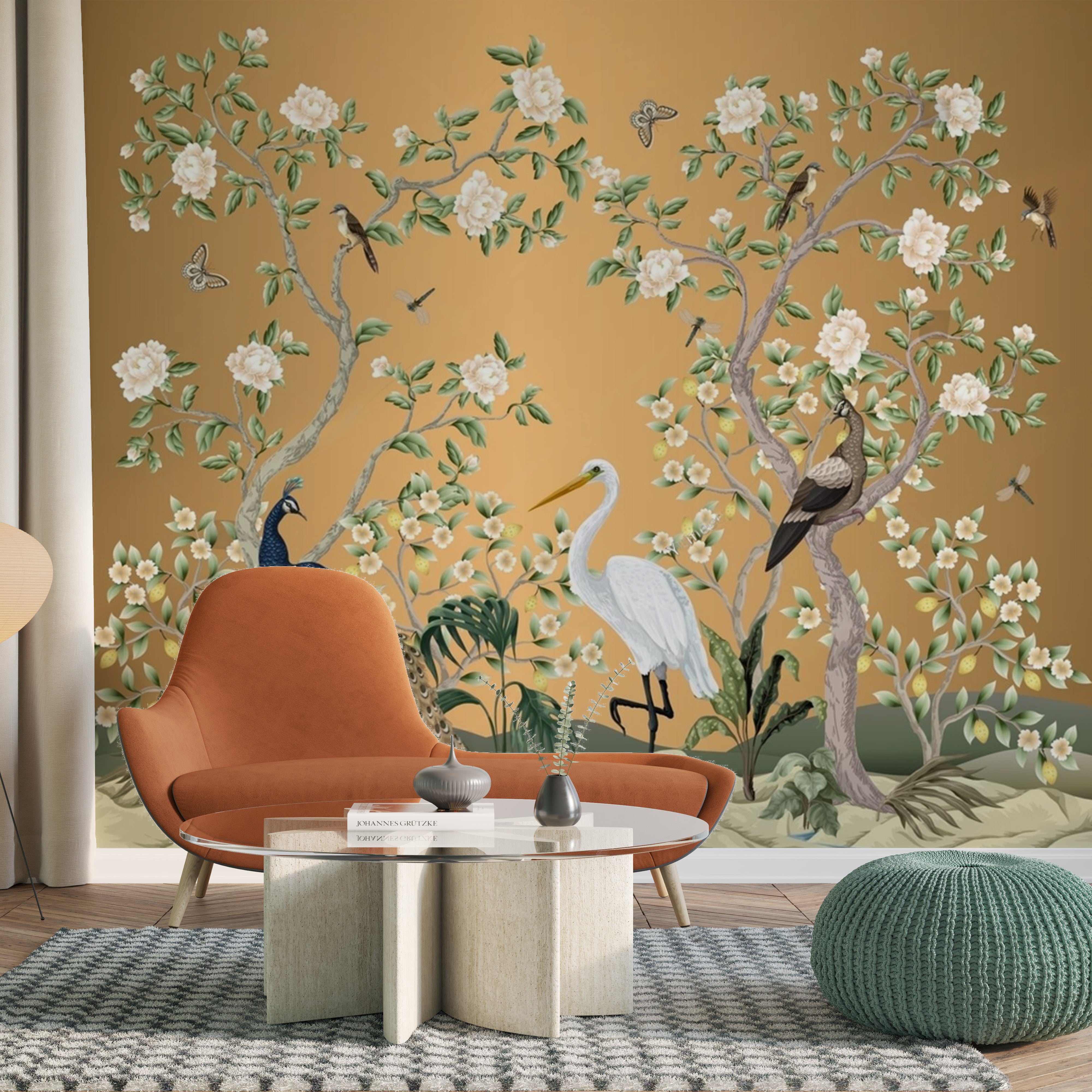 Peacock & Heron Floral Garden Wallpaper – Luxury Nature Mural for Elegant Walls
