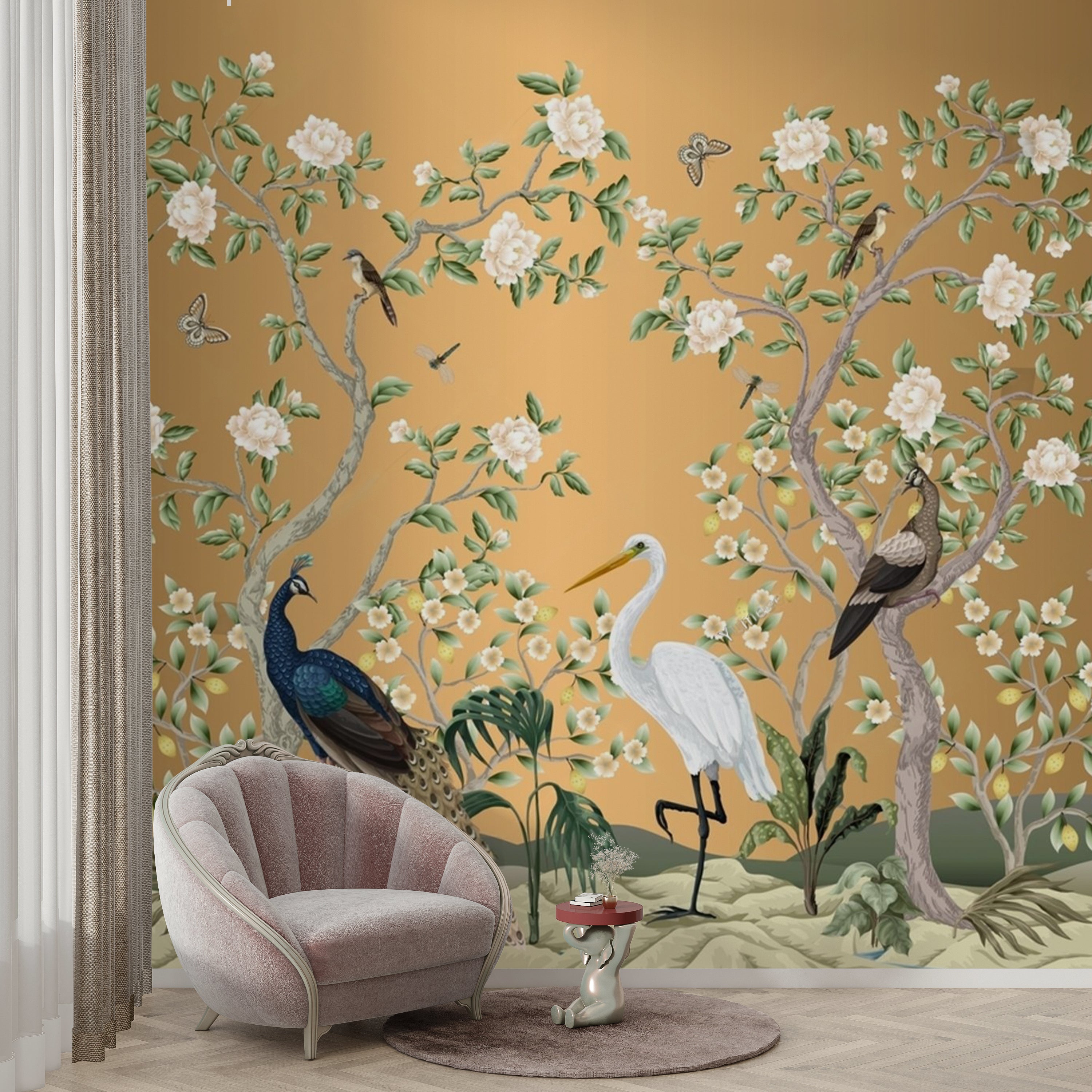 Peacock & Heron Floral Garden Wallpaper – Luxury Nature Mural for Elegant Walls