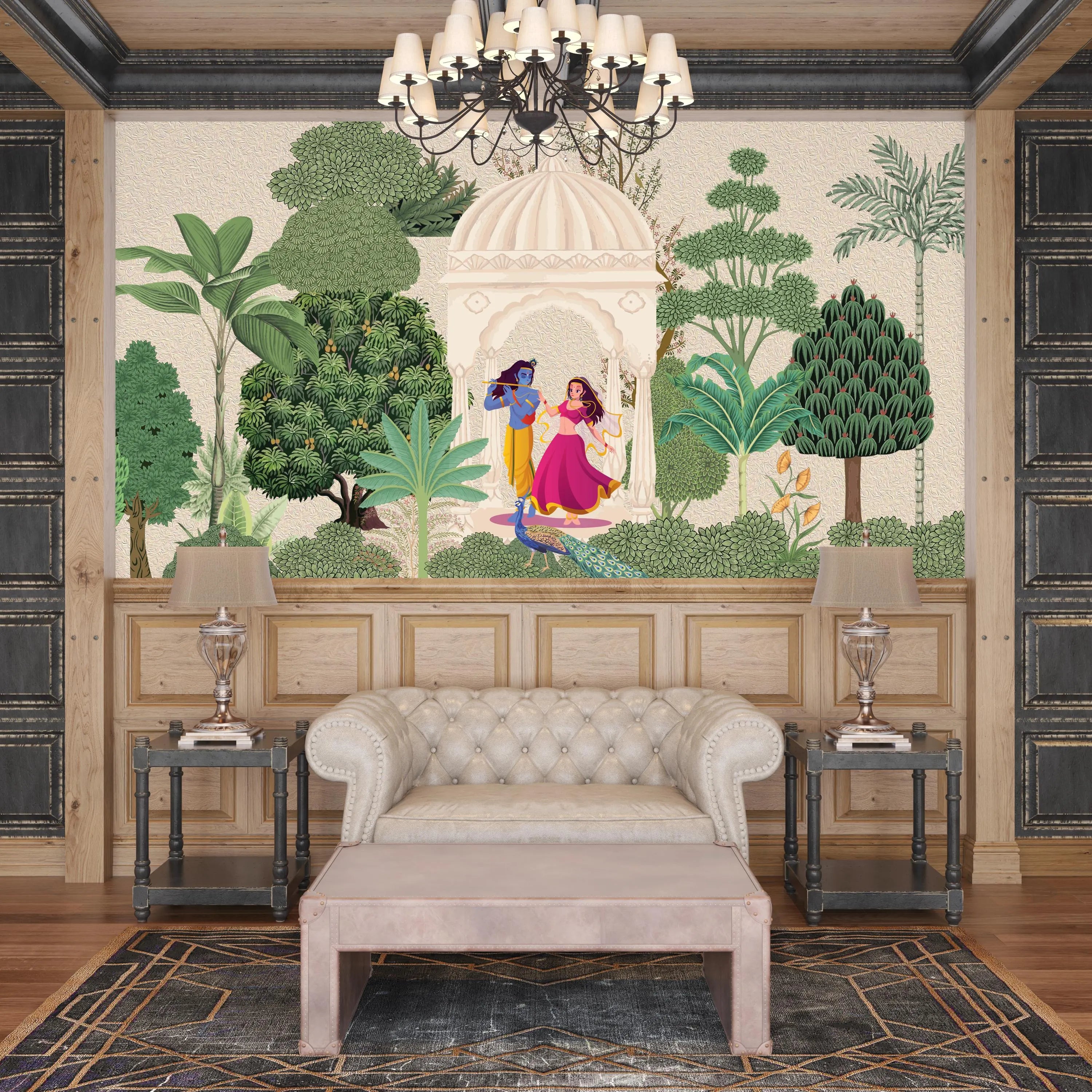 Radha Krishna Wallpaper | Custom Size Indian Wallpaper | Traditional Krishna Wallpaper | Peel & Stick Self Adhesive Art | Wall Mural