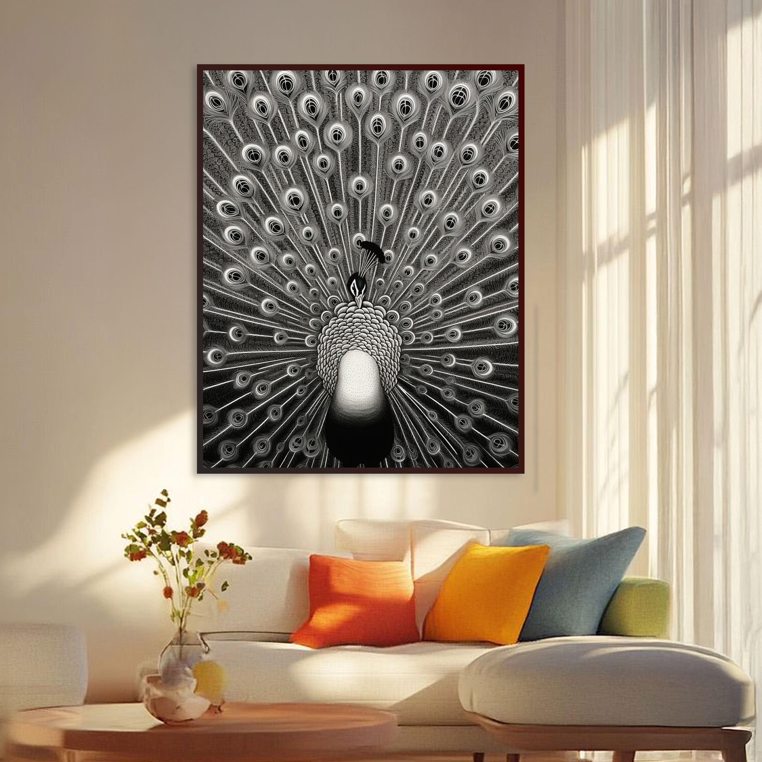 Eternal Elegance: Black & White Peacock Wall Art by Krutik.