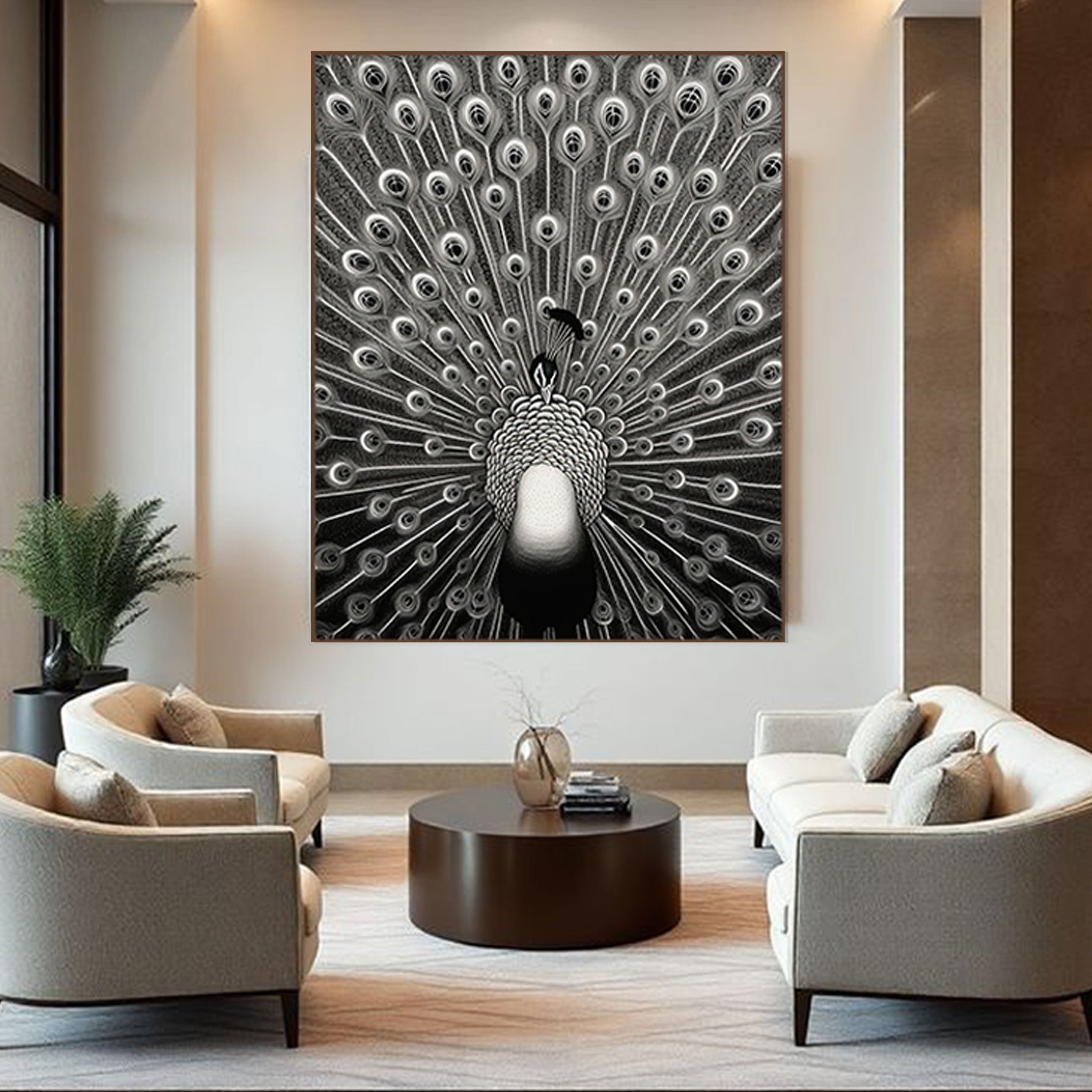 Eternal Elegance: Black & White Peacock Wall Art by Krutik.