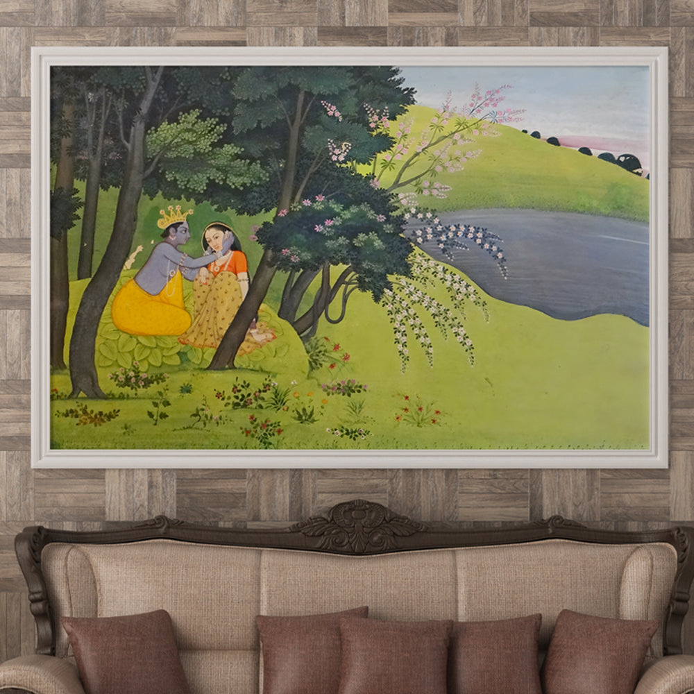 Radha Krishna Garden Miniature Painting by Krutik – Indian Romance Wall Art
