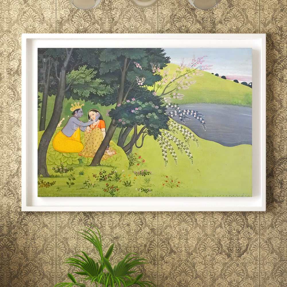 Radha Krishna Garden Miniature Painting by Krutik – Indian Romance Wall Art