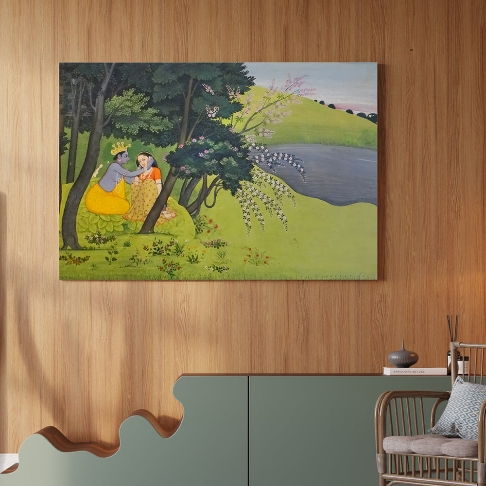 Radha Krishna Garden Miniature Painting by Krutik – Indian Romance Wall Art