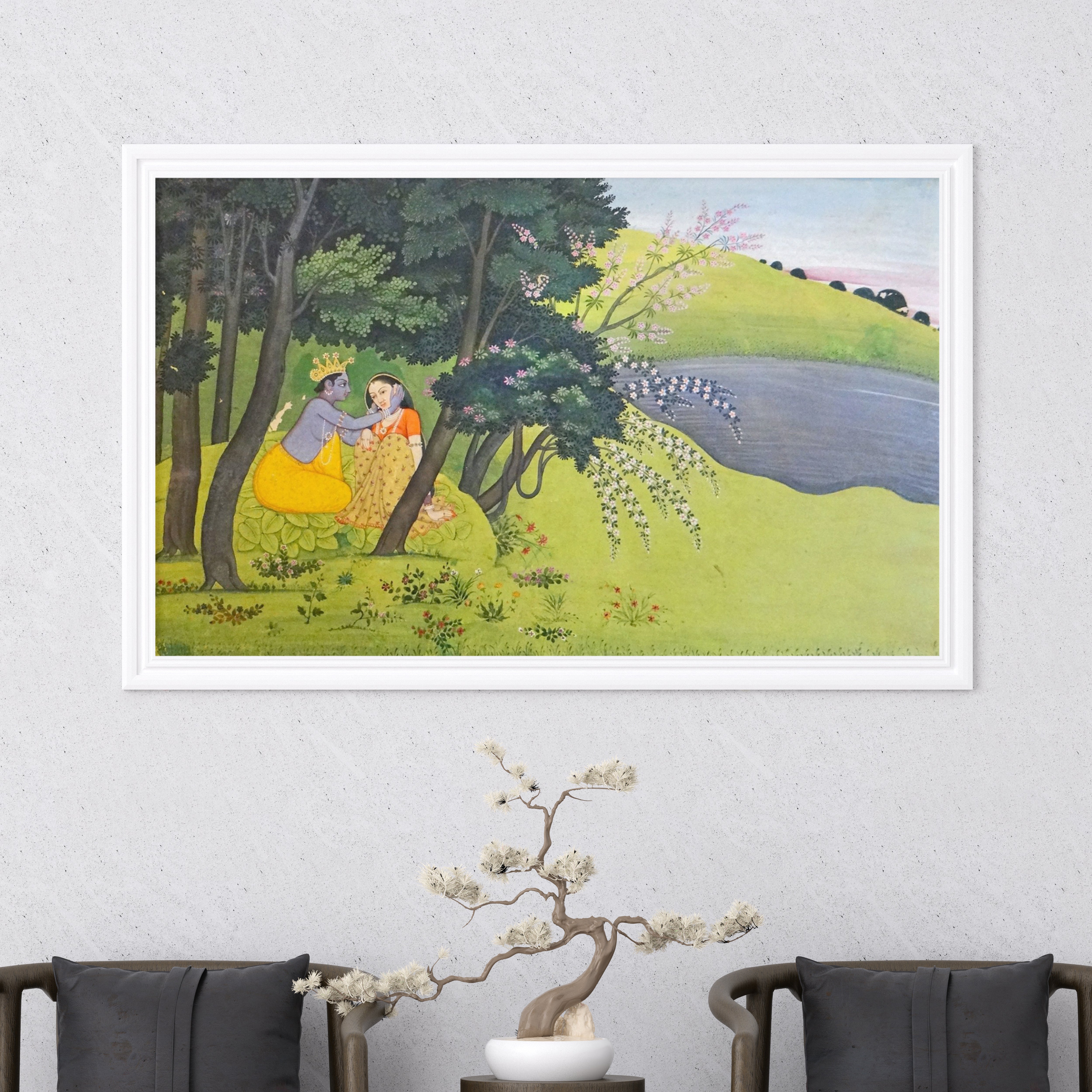 Radha Krishna Garden Miniature Painting by Krutik – Indian Romance Wall Art