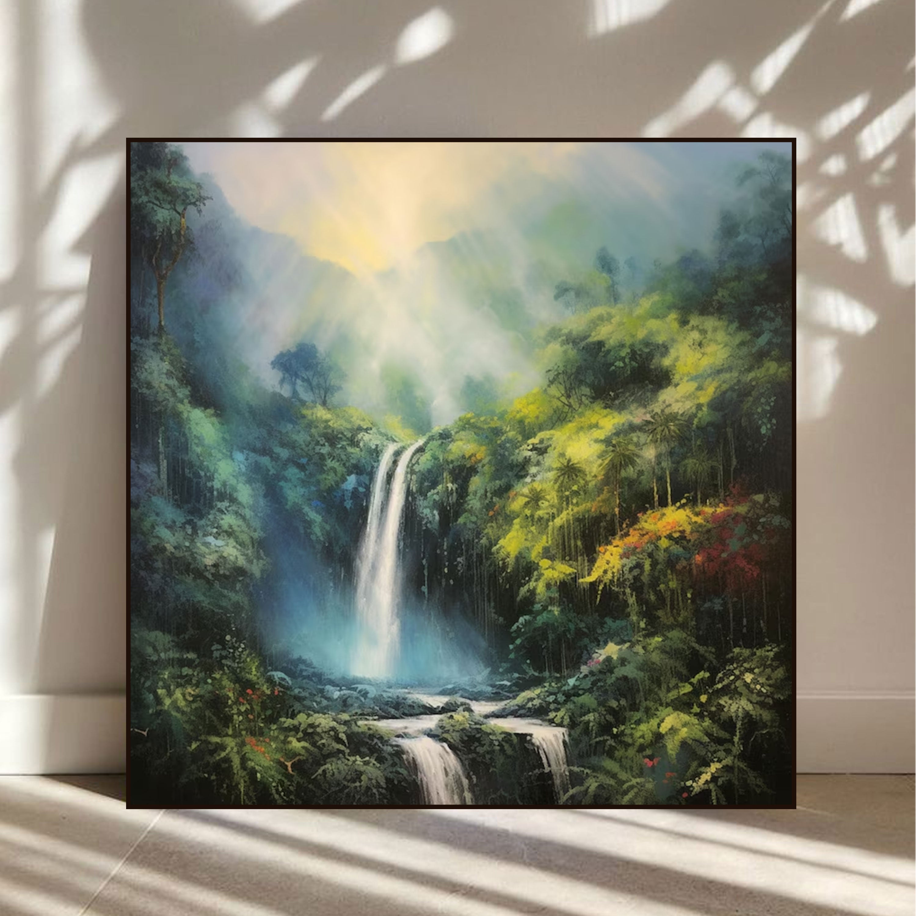 Rainforest Waterfall Canvas Painting – Lush Nature Wall Painting for Home.