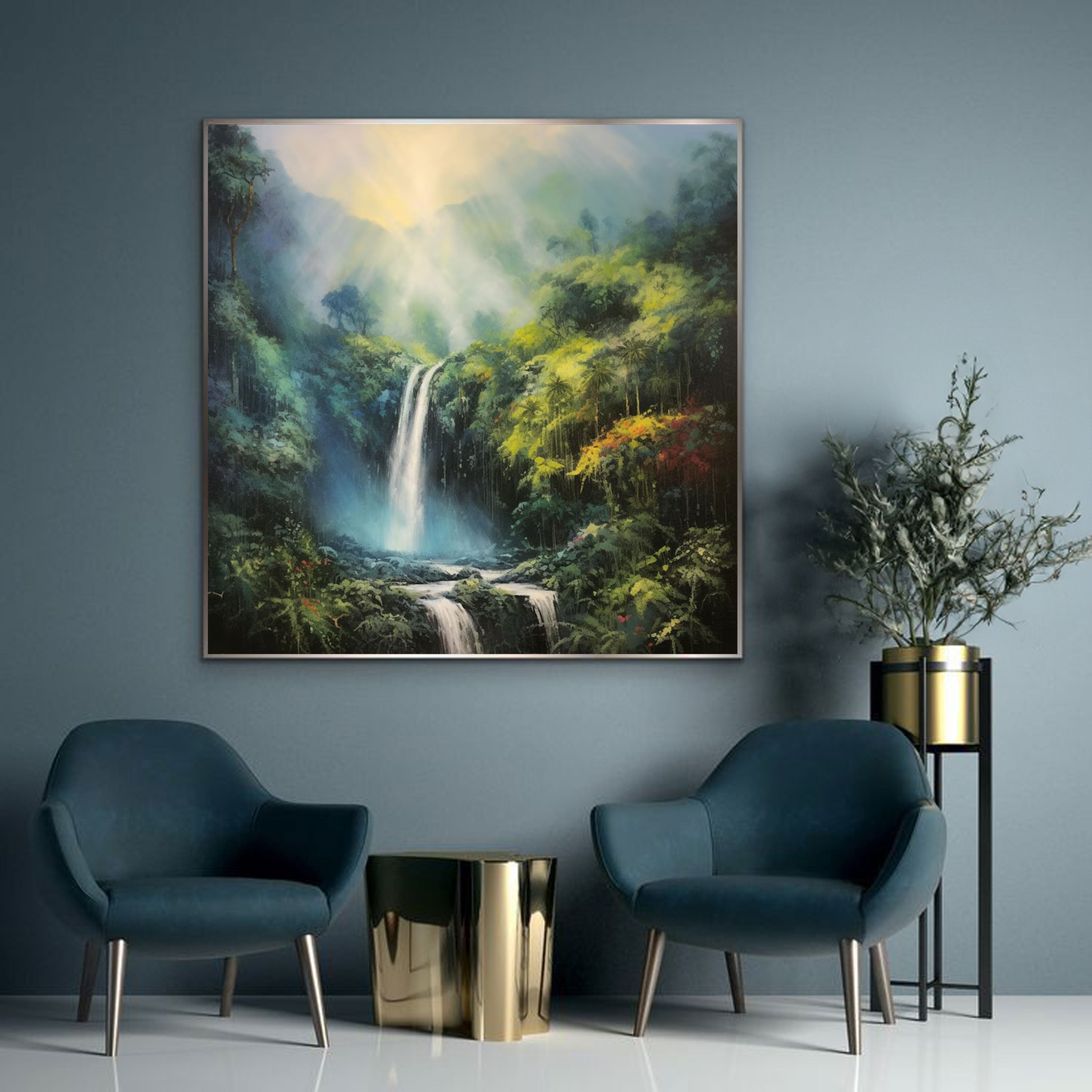 Rainforest Waterfall Canvas Painting – Lush Nature Wall Painting for Home.