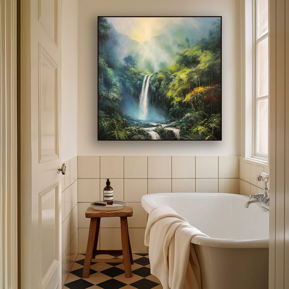 Rainforest Waterfall Canvas Painting – Lush Nature Wall Painting for Home.