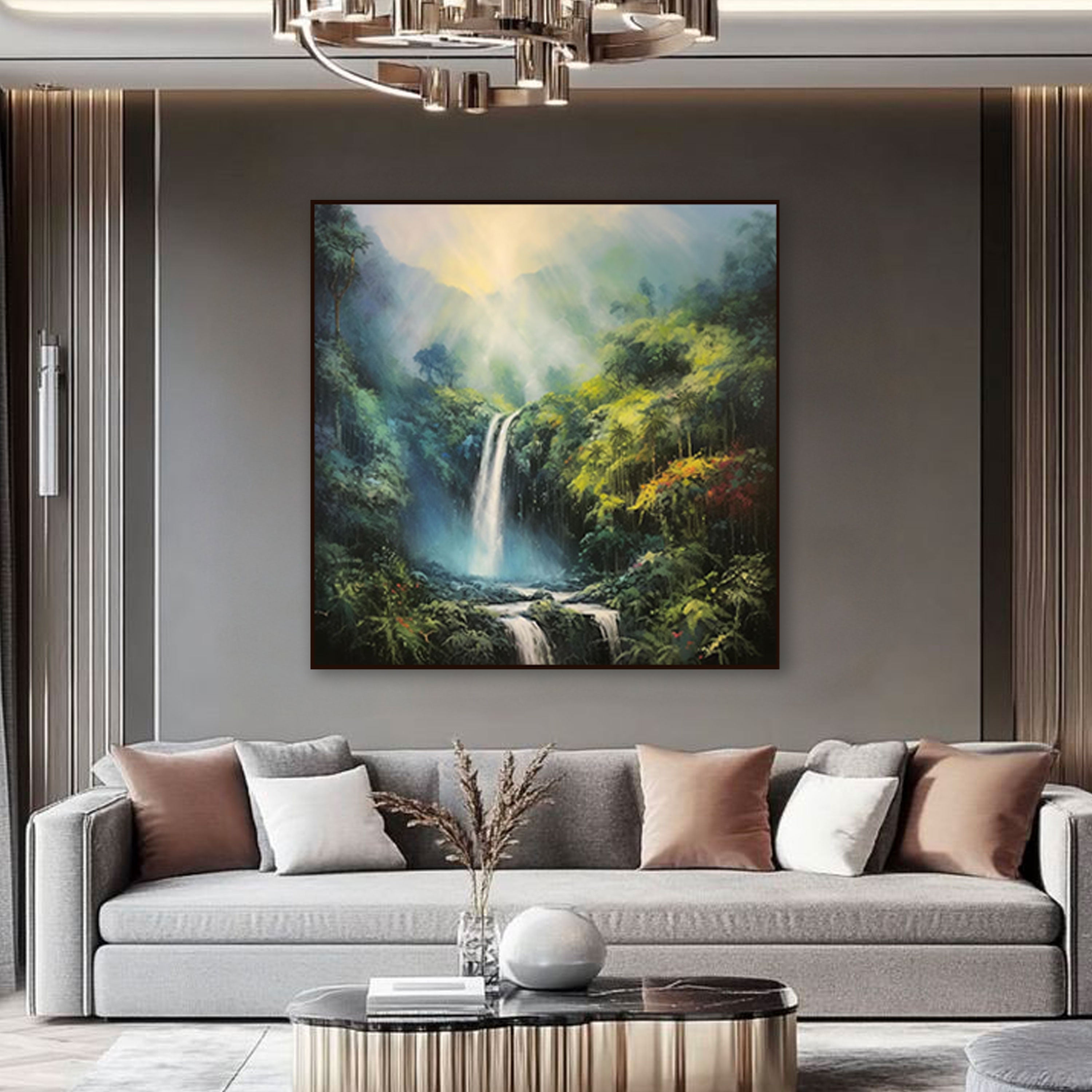 Rainforest Waterfall Canvas Painting – Lush Nature Wall Painting for Home.