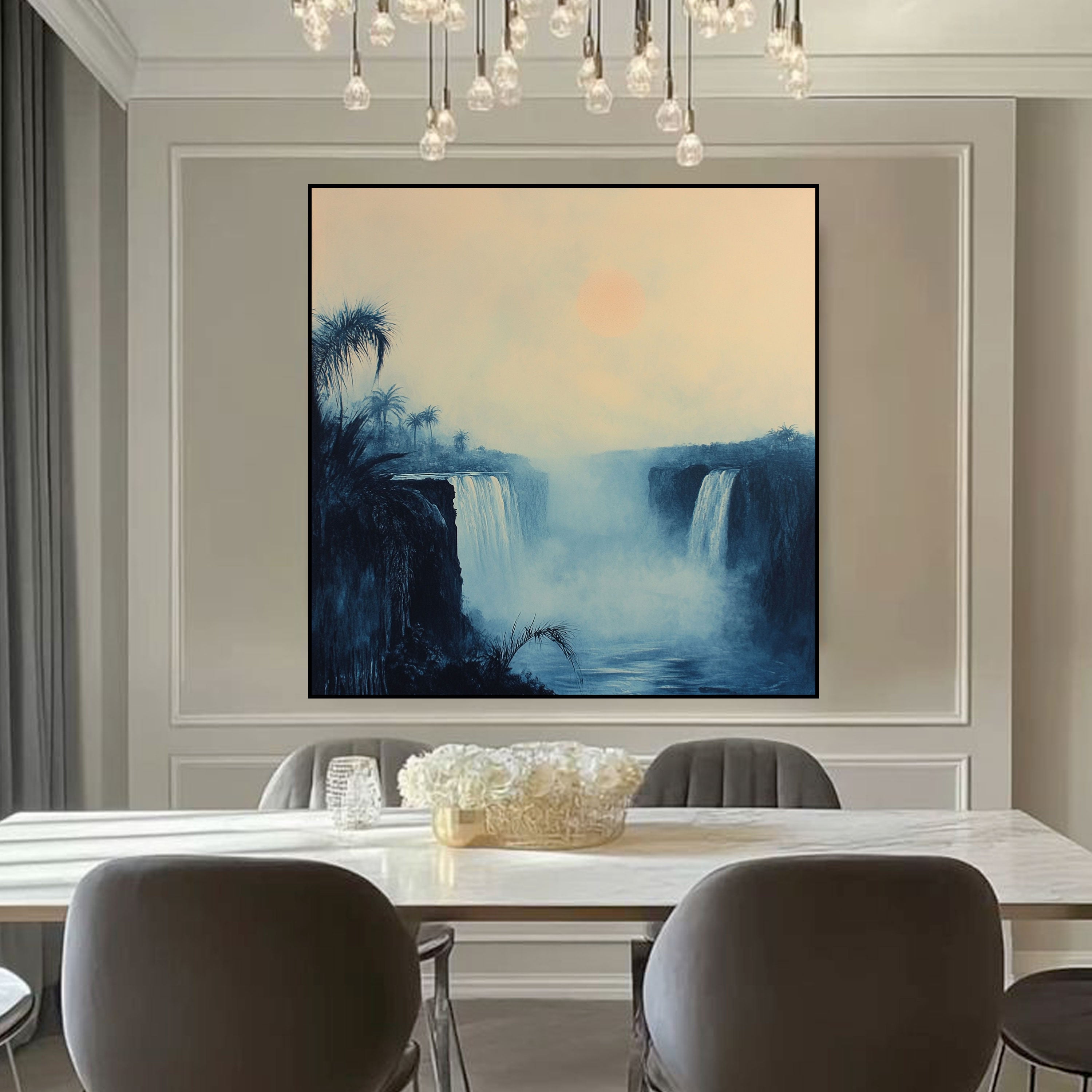 Rainforest Waterfall Canvas Painting – Misty Nature Wall Painting for Home.