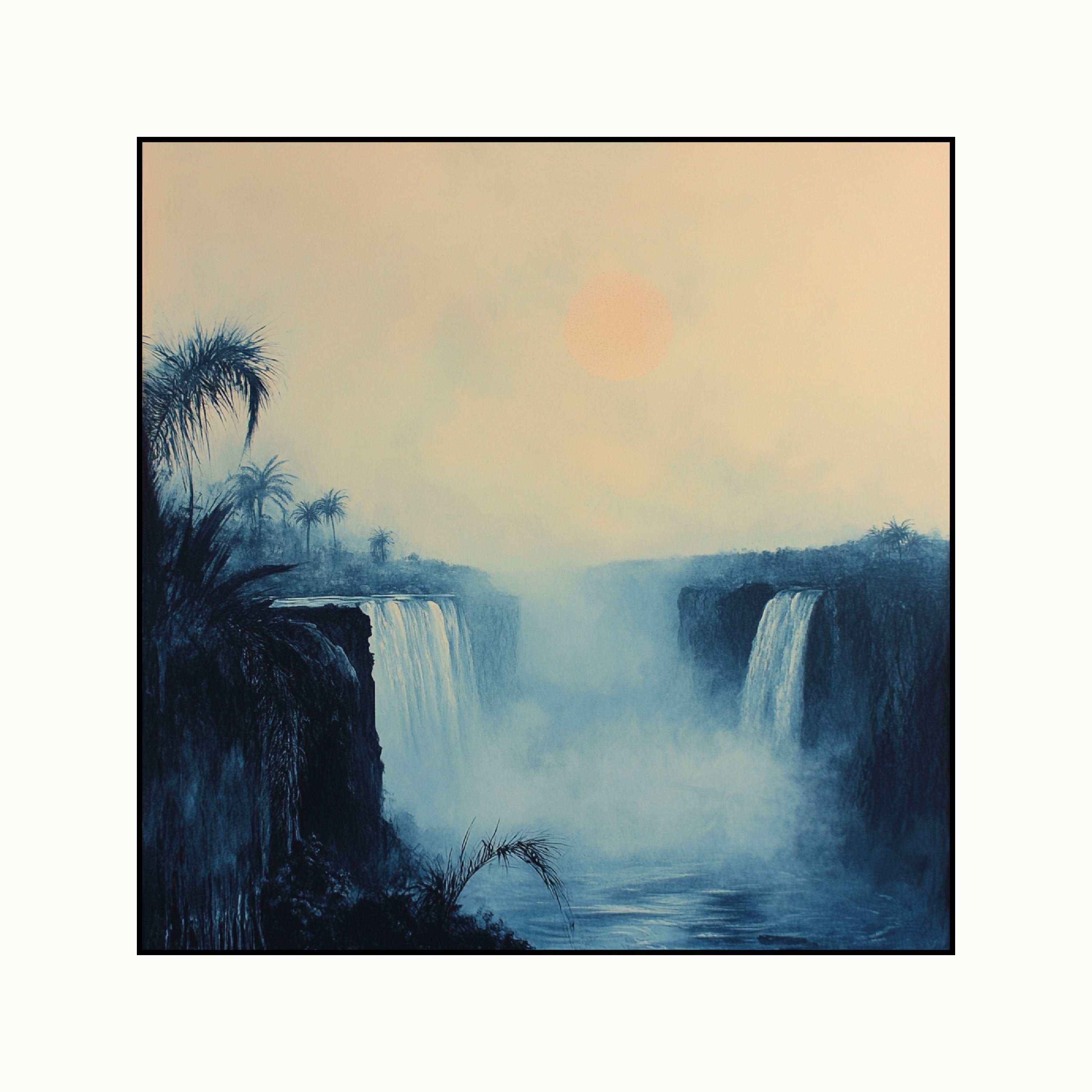 Rainforest Waterfall Canvas Painting – Misty Nature Wall Painting for Home.