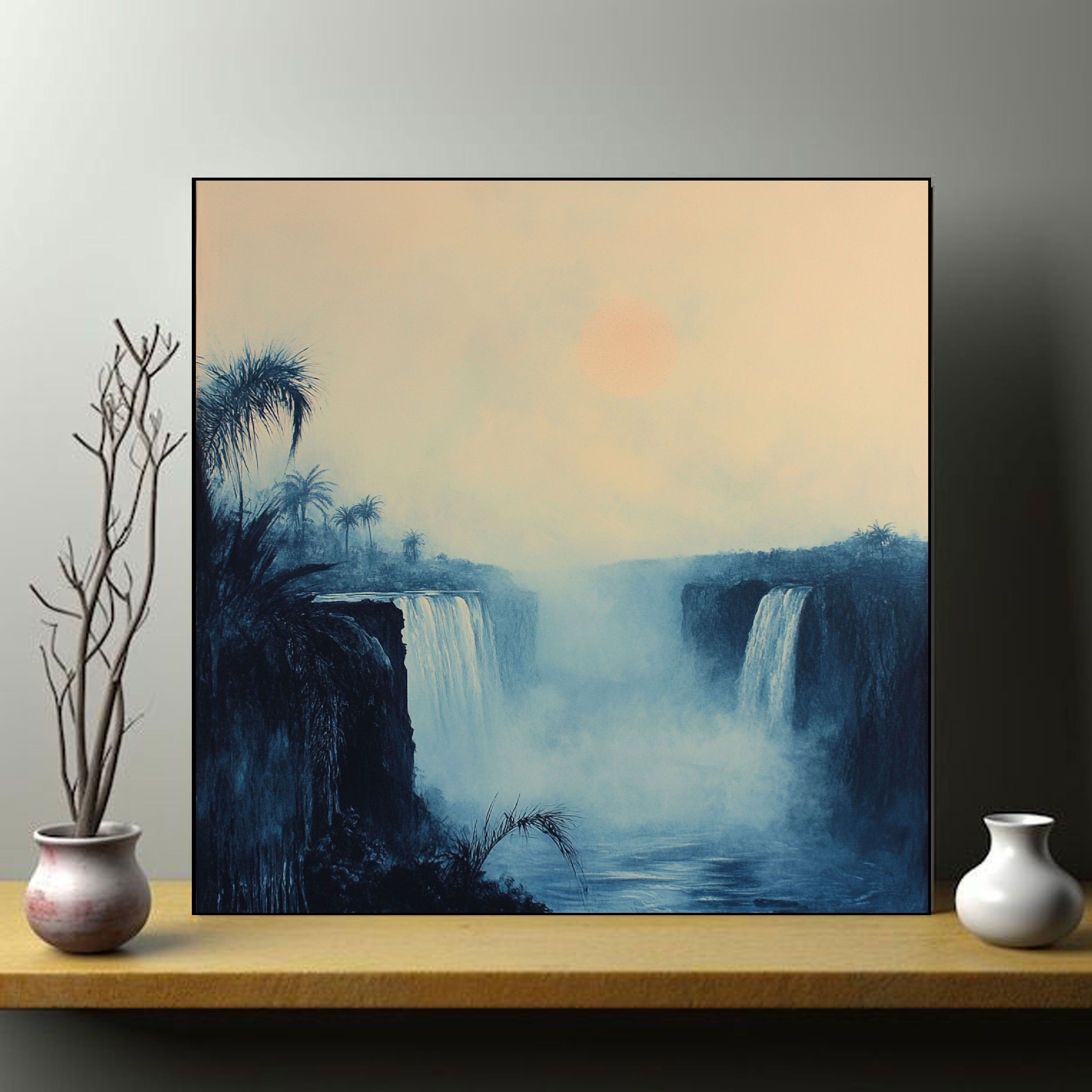 Rainforest Waterfall Canvas Painting – Misty Nature Wall Painting for Home.
