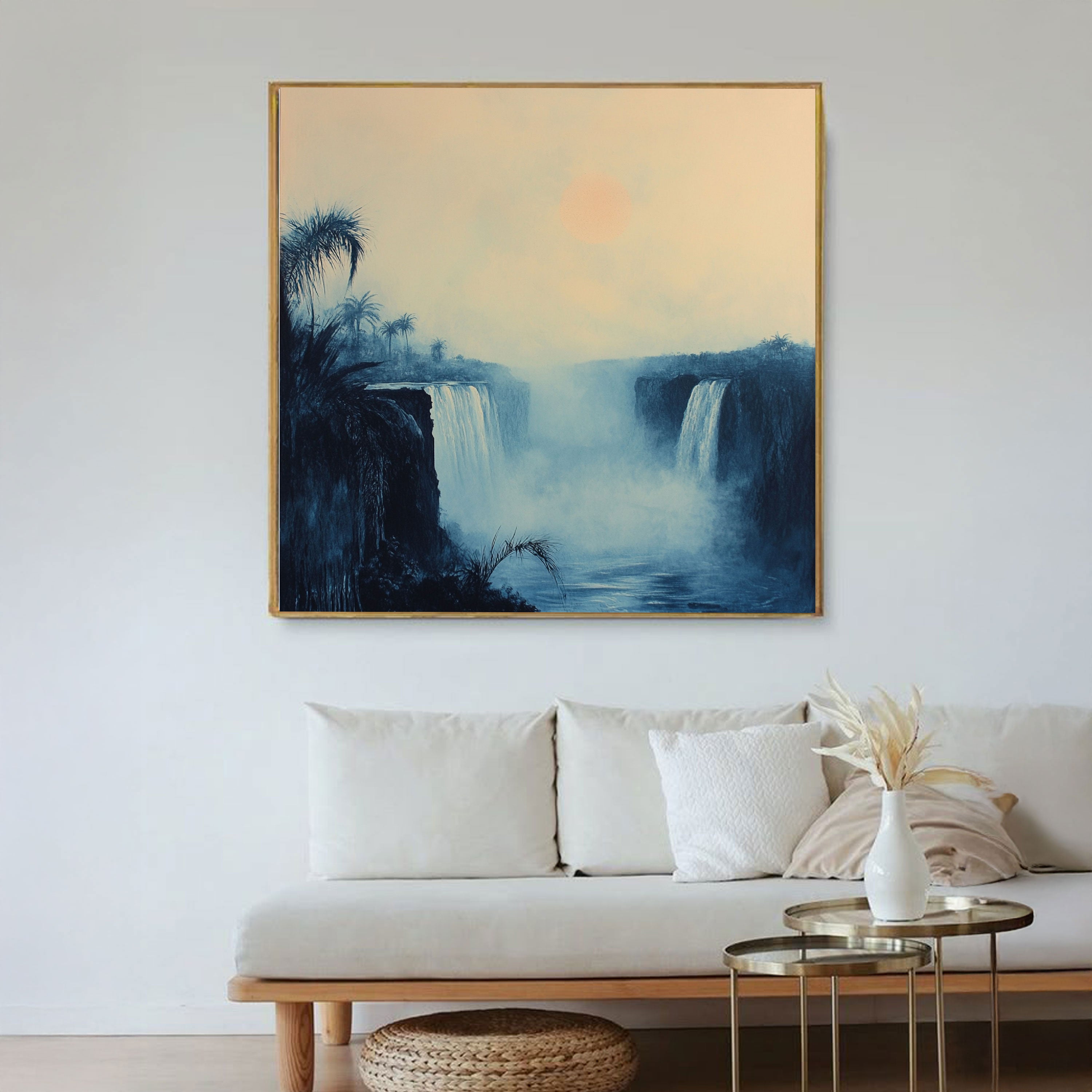 Rainforest Waterfall Canvas Painting – Misty Nature Wall Painting for Home.