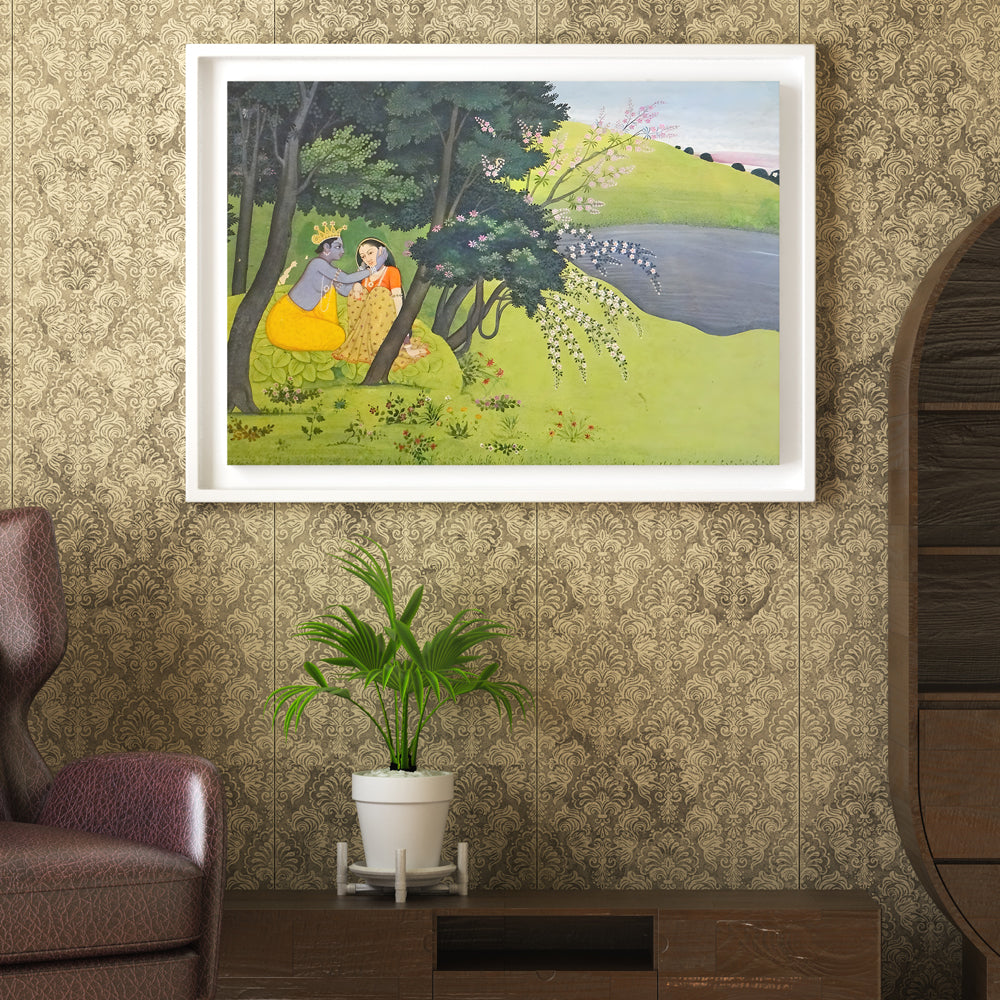 Radha Krishna Garden Miniature Painting by Krutik – Indian Romance Wall Art