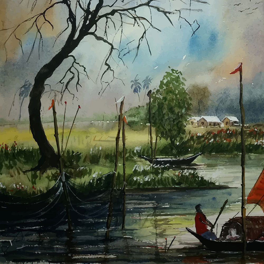 Riverside Village Watercolor Painting by Krutik – Serene Nature Wall Art