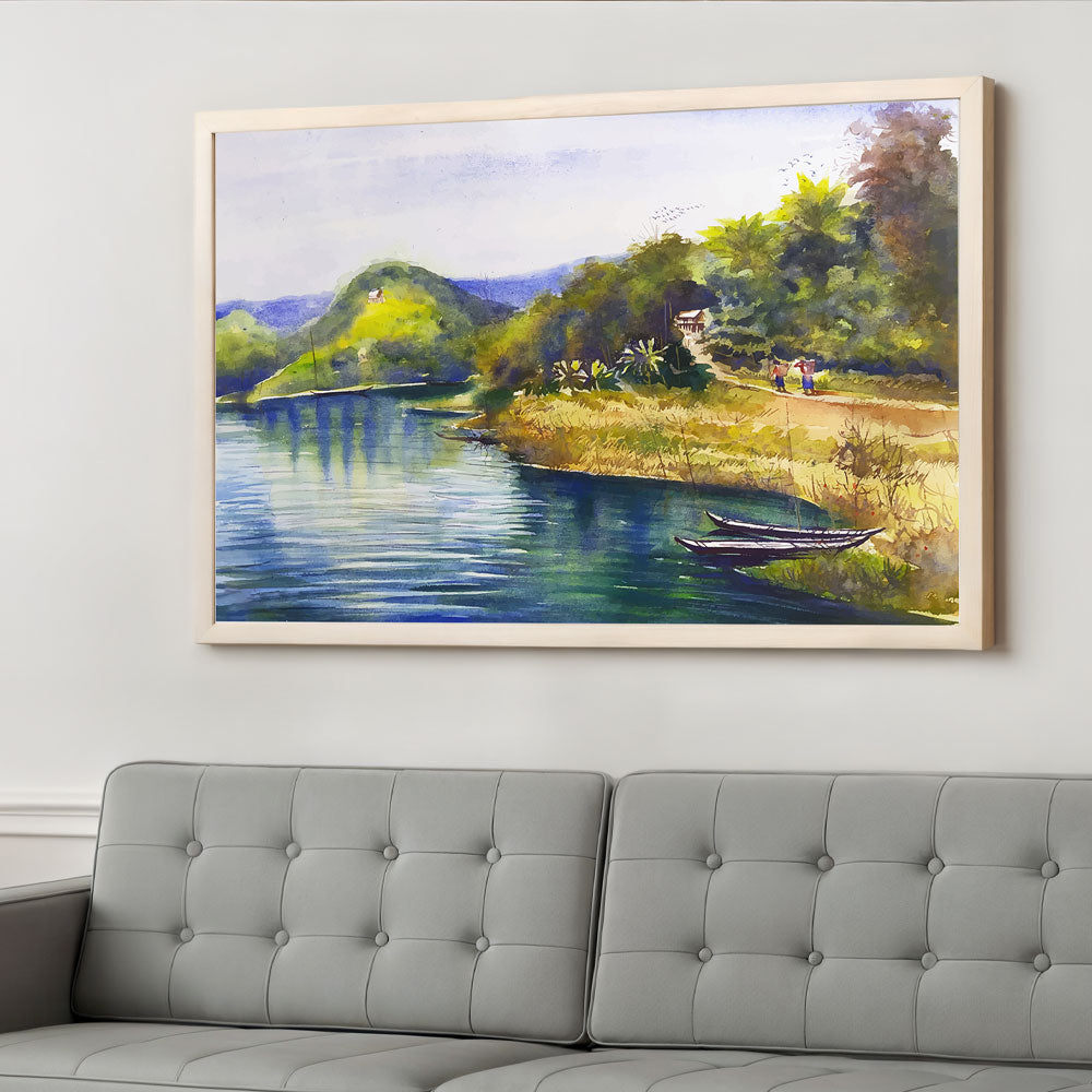 Riverside Landscape Painting by Krutik – Peaceful Village Wall Art