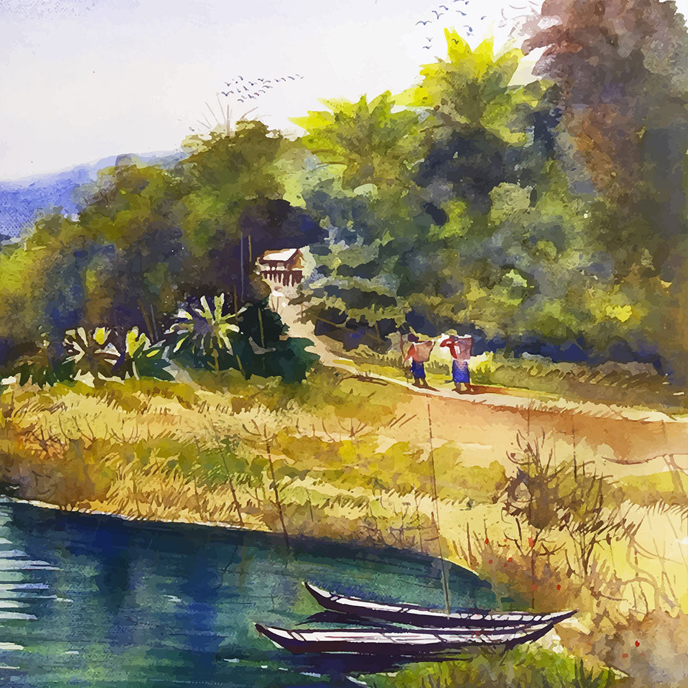 Riverside Landscape Painting by Krutik – Peaceful Village Wall Art