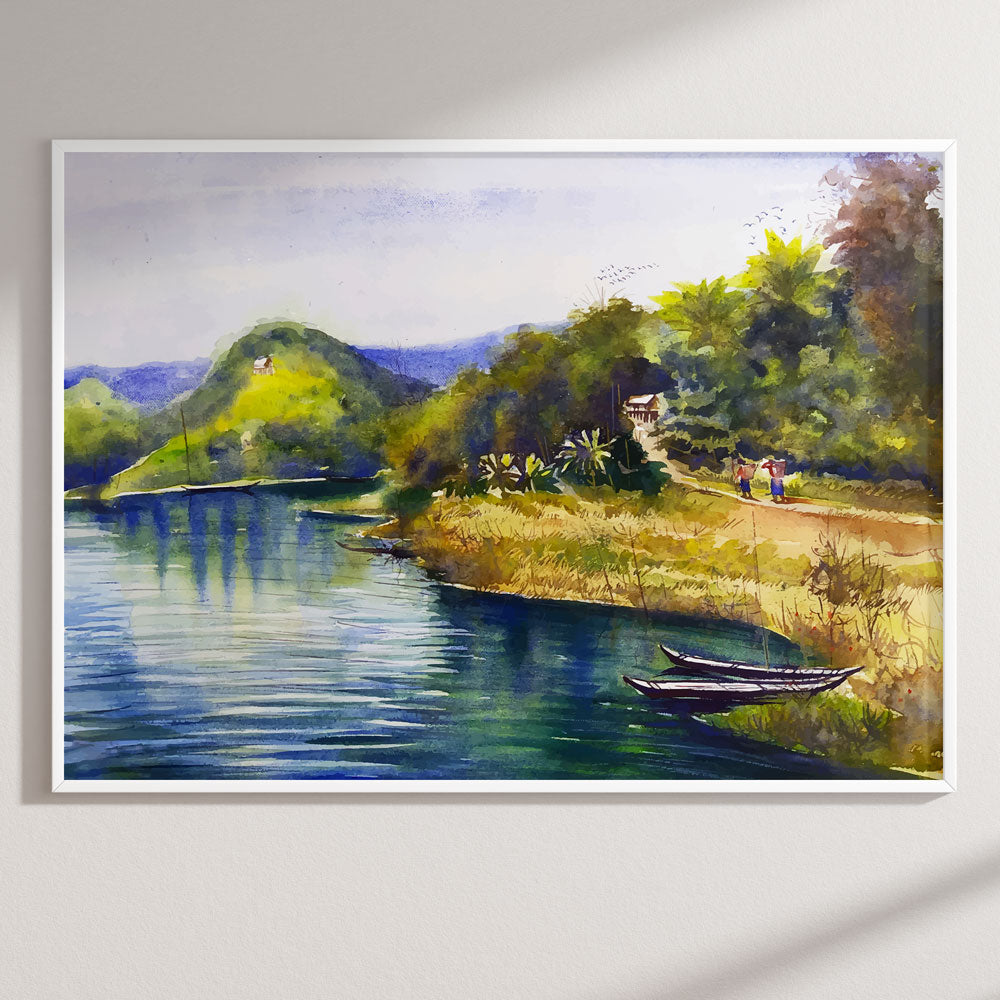 Riverside Landscape Painting by Krutik – Peaceful Village Wall Art