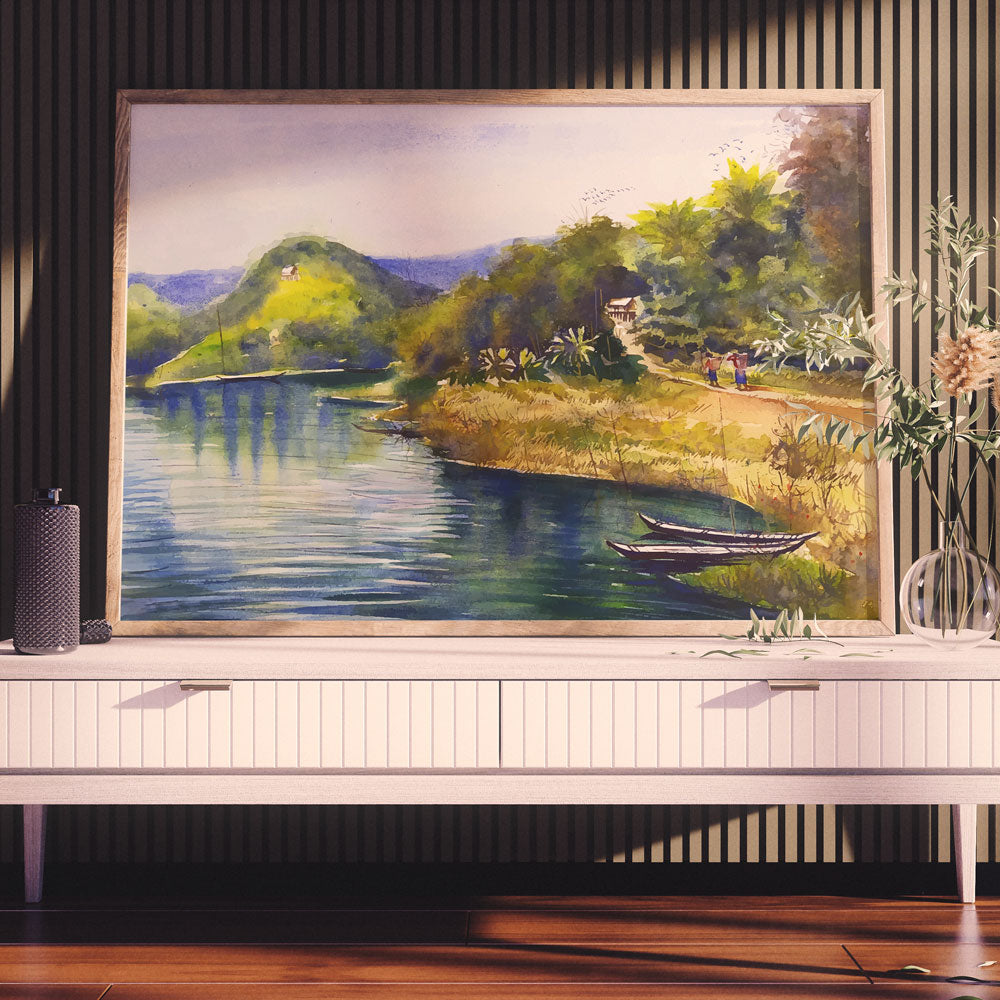Riverside Landscape Painting by Krutik – Peaceful Village Wall Art