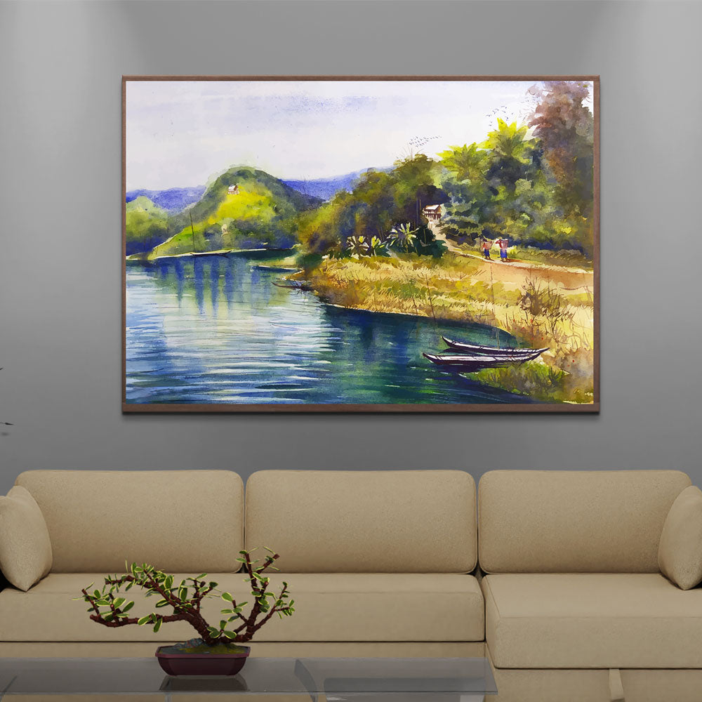 Riverside Landscape Painting by Krutik – Peaceful Village Wall Art