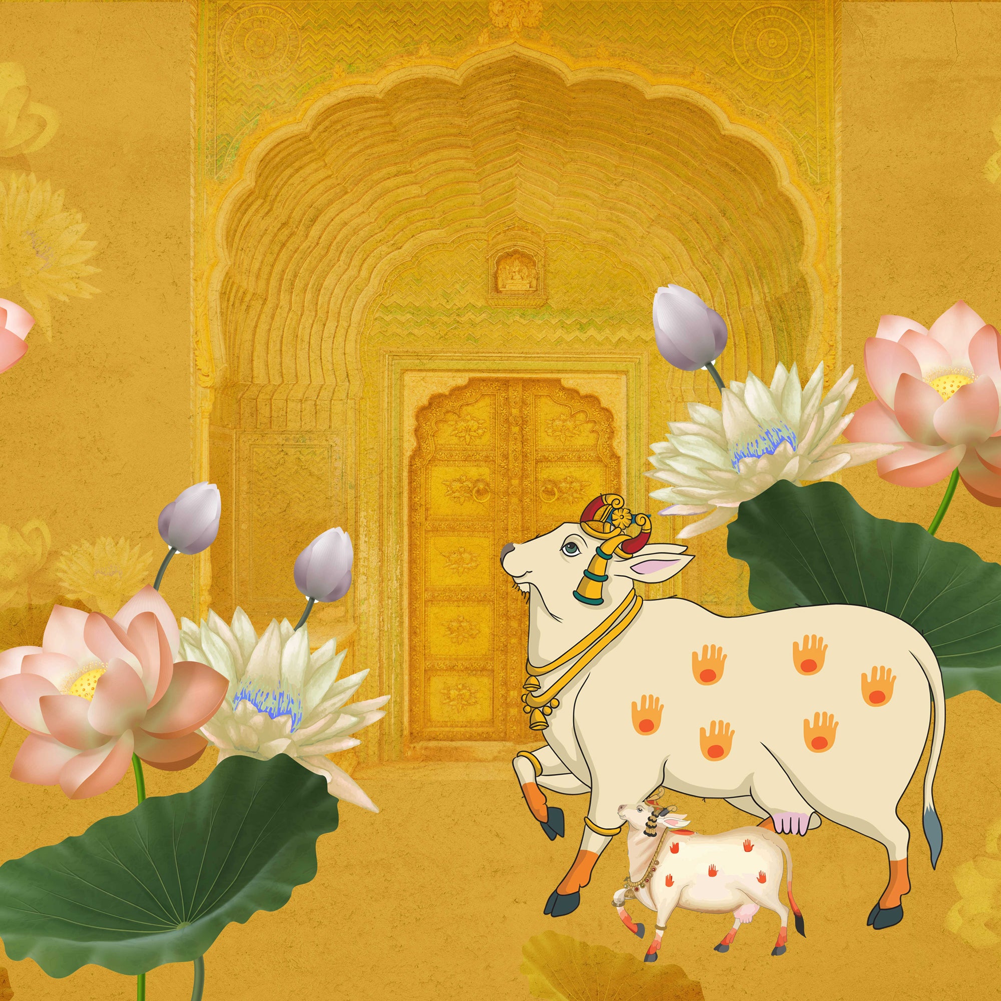 Sacred Cow & Lotus Pichwai Wallpaper – Golden Indian Ethnic Wall Mural