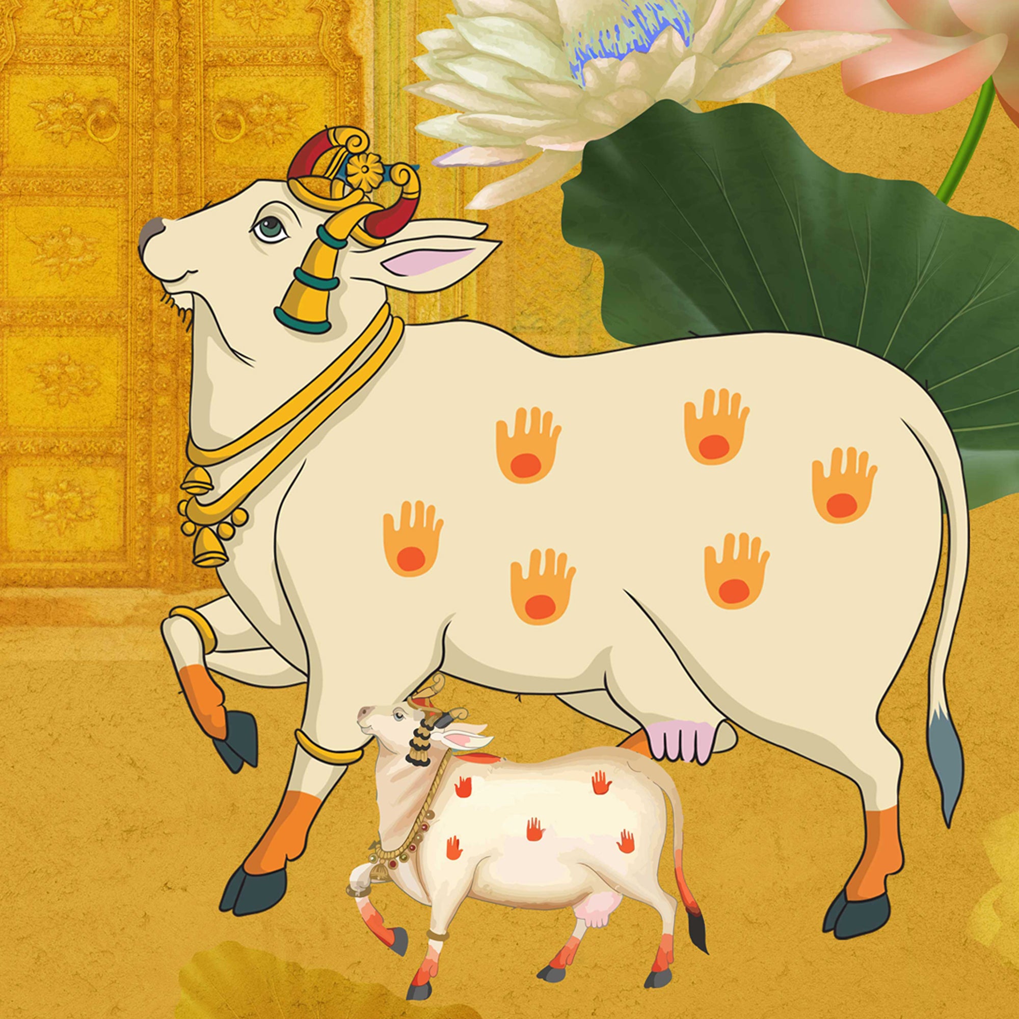 Sacred Cow & Lotus Pichwai Wallpaper – Golden Indian Ethnic Wall Mural