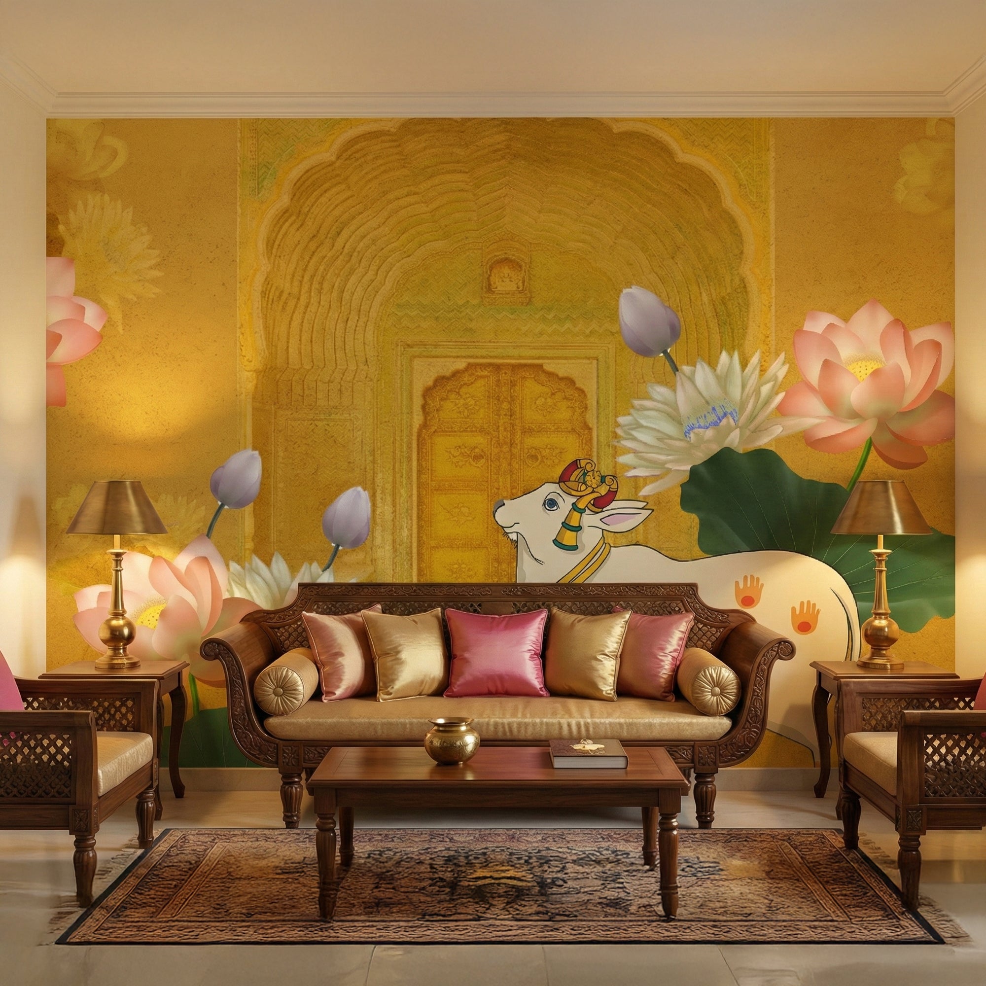 Sacred Cow & Lotus Pichwai Wallpaper – Golden Indian Ethnic Wall Mural
