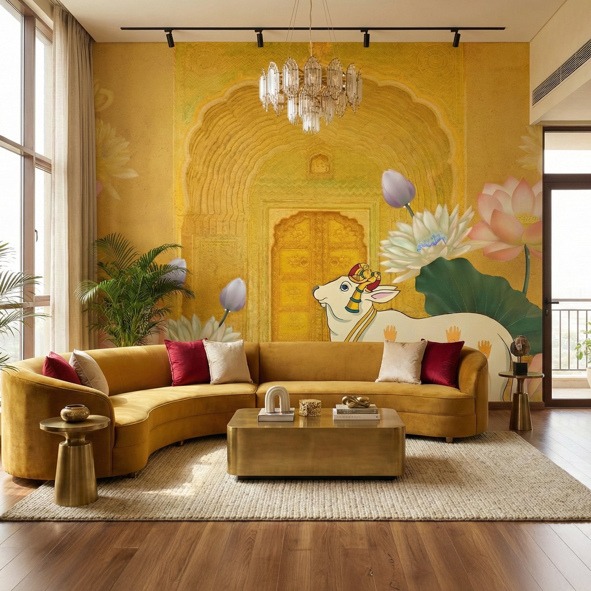 Sacred Cow & Lotus Pichwai Wallpaper – Golden Indian Ethnic Wall Mural